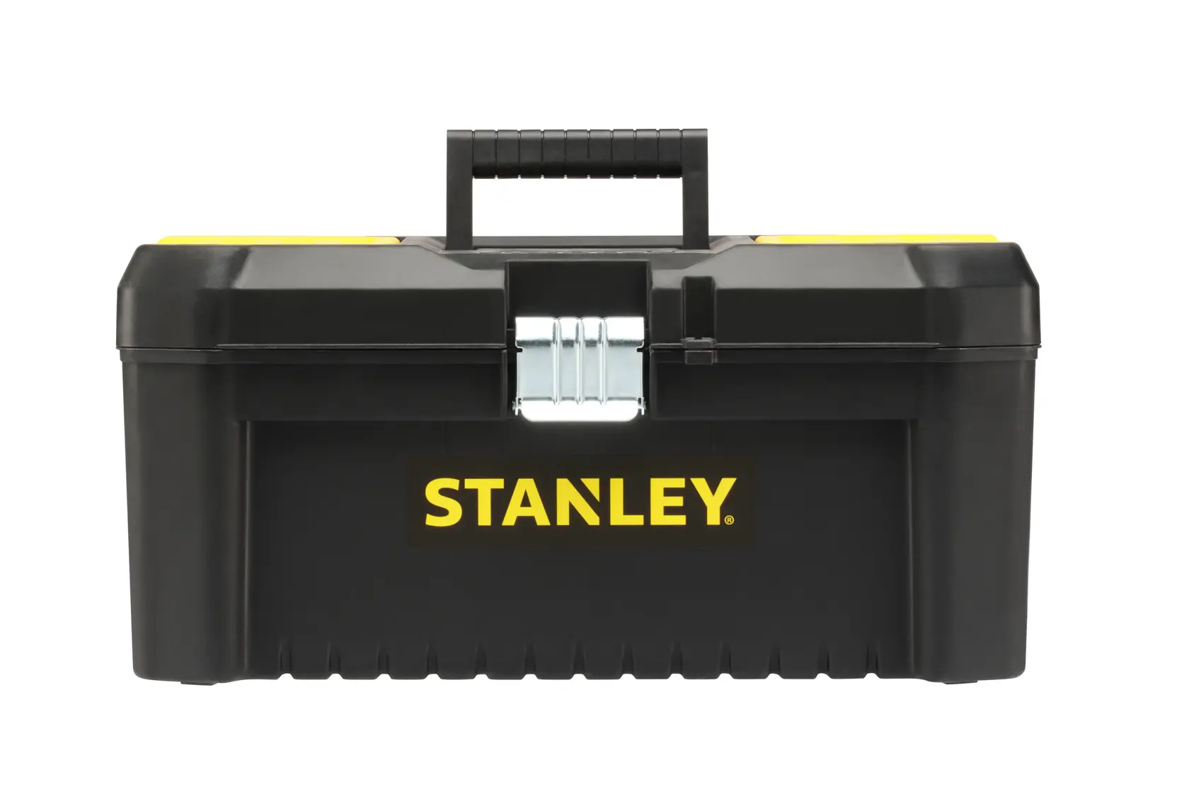STANLEY STST1-75518-KR cassetta per attrezzi nera con logo giallo, vista frontale, chiusura metallica, fotografia.