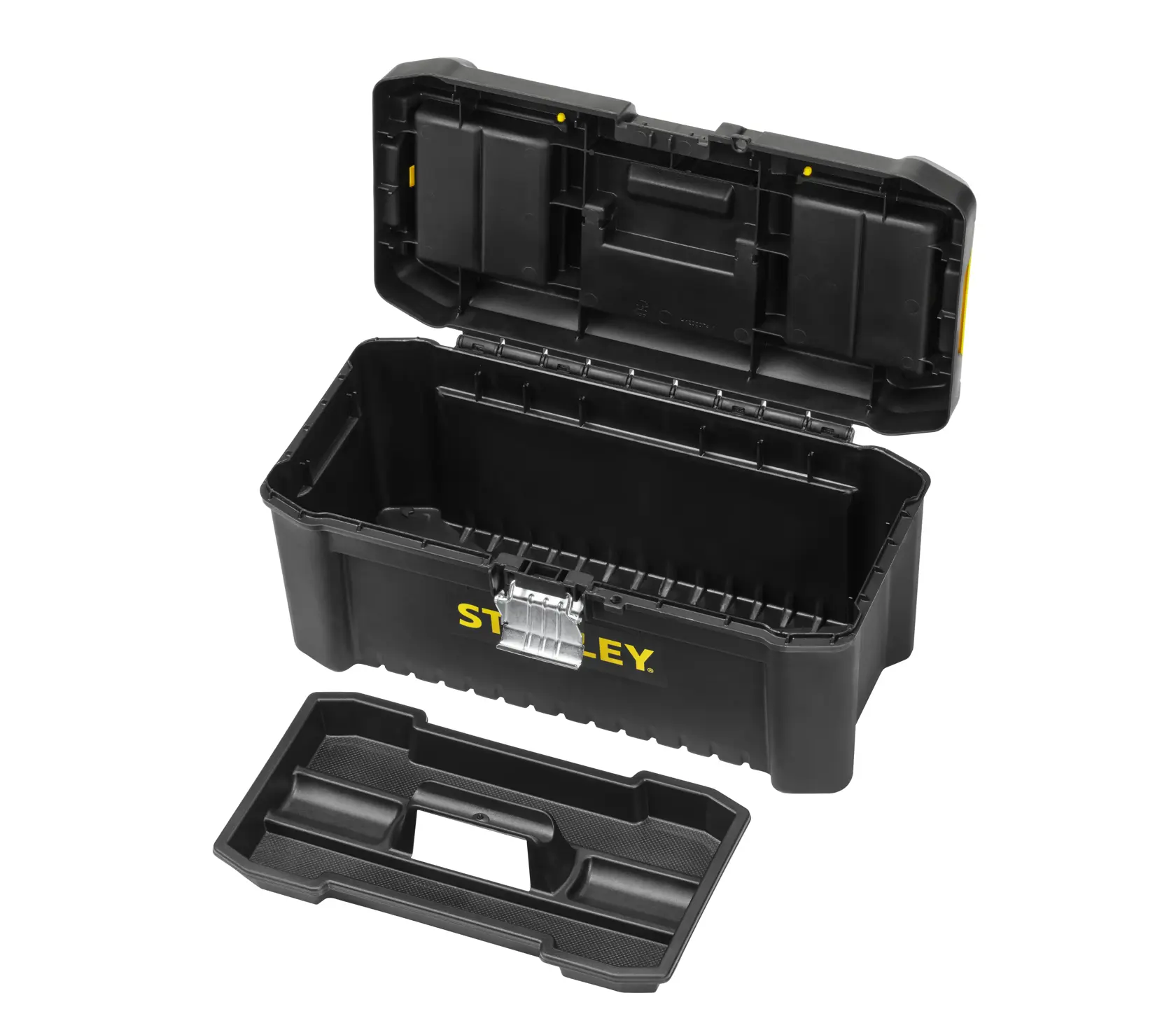 STANLEY STST1-75518-KR cassetta degli attrezzi nera con coperchio aperto e vassoio rimovibile, vista frontale su sfondo bianco.