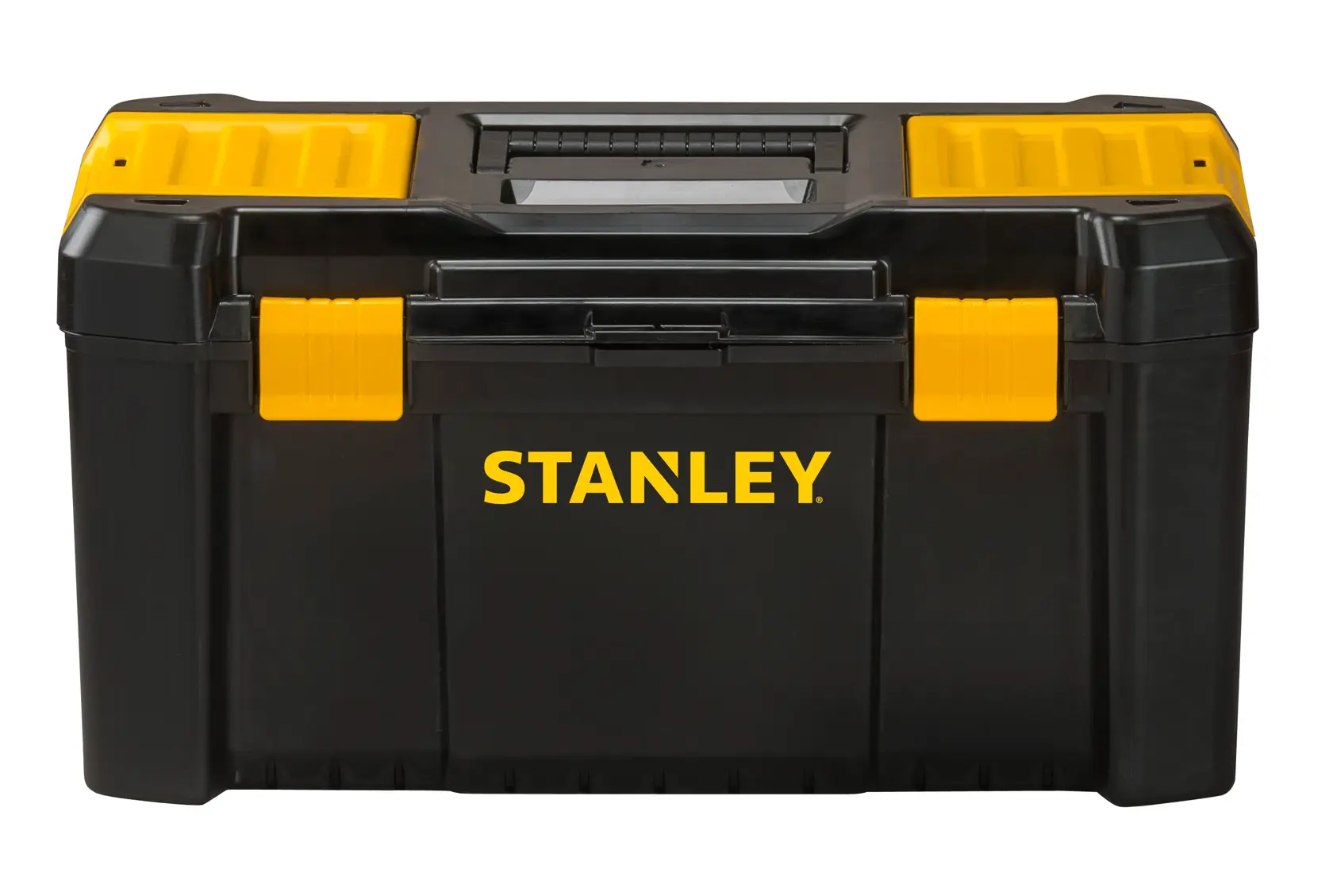 STANLEY STST1-75520 cassetta degli attrezzi nera con dettagli gialli, fotografia, vista frontale su sfondo bianco.
