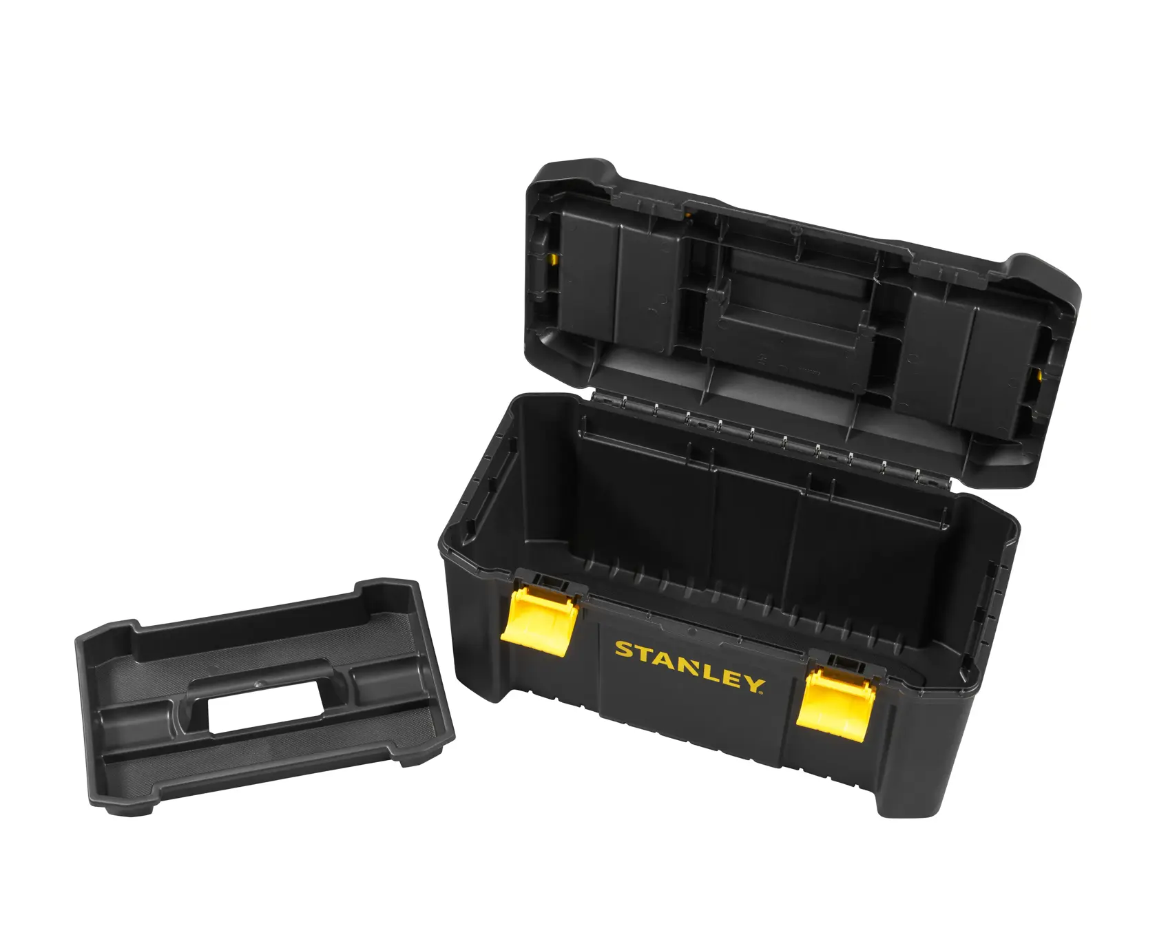 STANLEY STST1-75520 cassetta degli attrezzi nera in plastica con coperchio aperto, vassoio rimovibile, vista dall’alto su sfondo bianco.