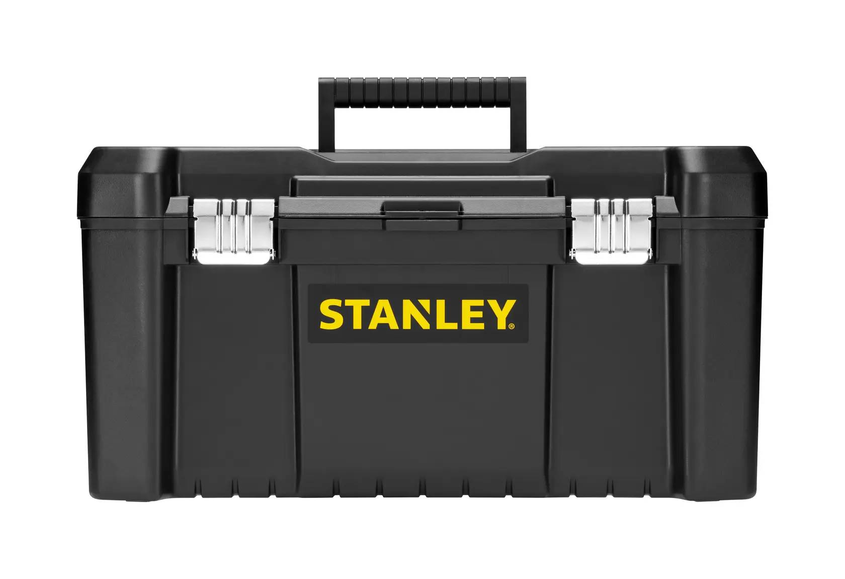 STANLEY STST1-75521 cassetta degli attrezzi nera in plastica con chiusure metalliche, vista frontale, sfondo bianco.