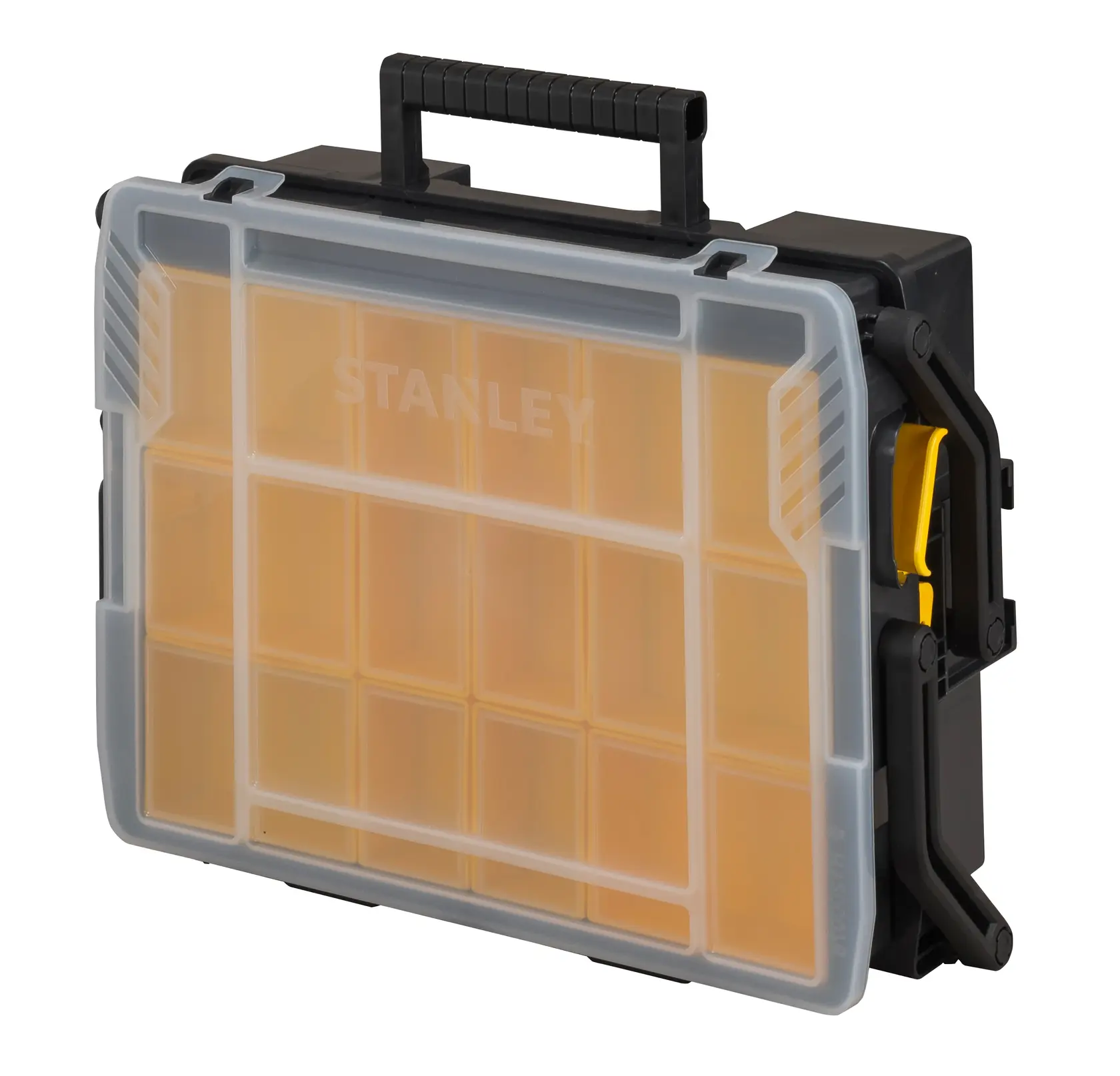 Valigetta organizer STANLEY STST1-75540 nera e gialla, coperchio trasparente, scomparti interni.