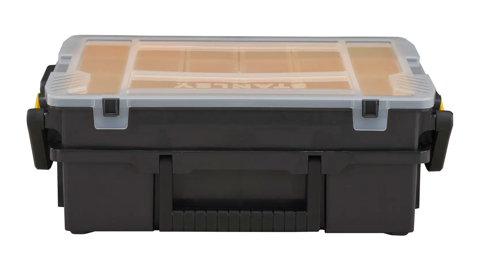 STANLEY STST1-75540 box organizer attrezzi, corpo nero, coperchio trasparente, angolo frontale, fotografia.