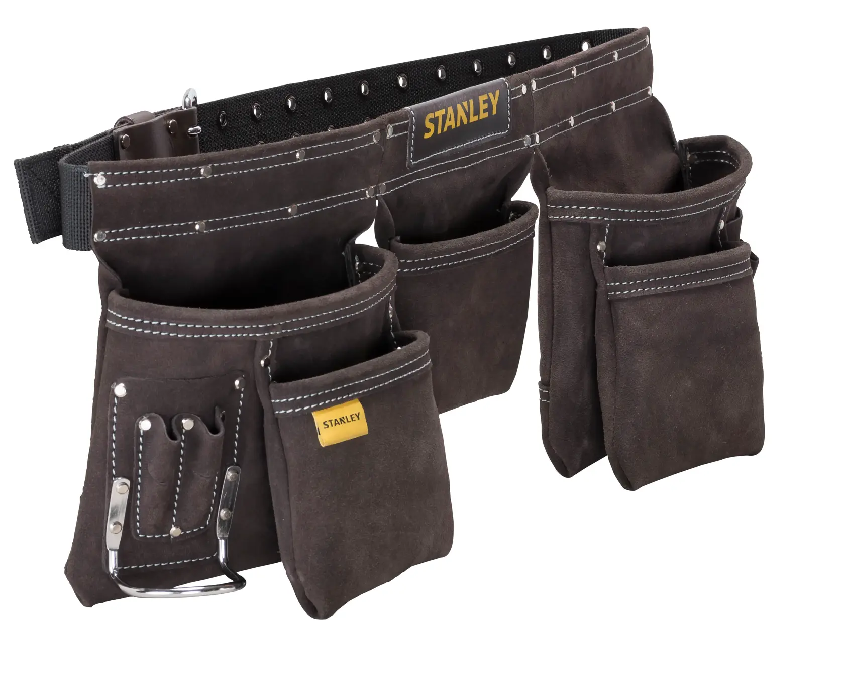 Cintura porta attrezzi in camoscio STANLEY STST1-80113 con molte tasche, vista frontale su sfondo bianco.