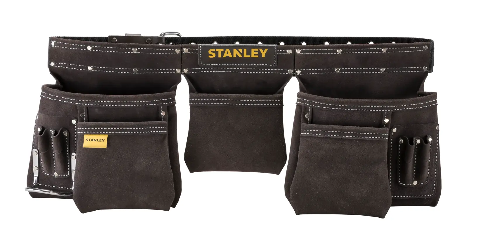Cintura portautensili STANLEY STST1-80113 con più tasche in pelle scamosciata e cuciture a contrasto, vista frontale su sfondo bianco.