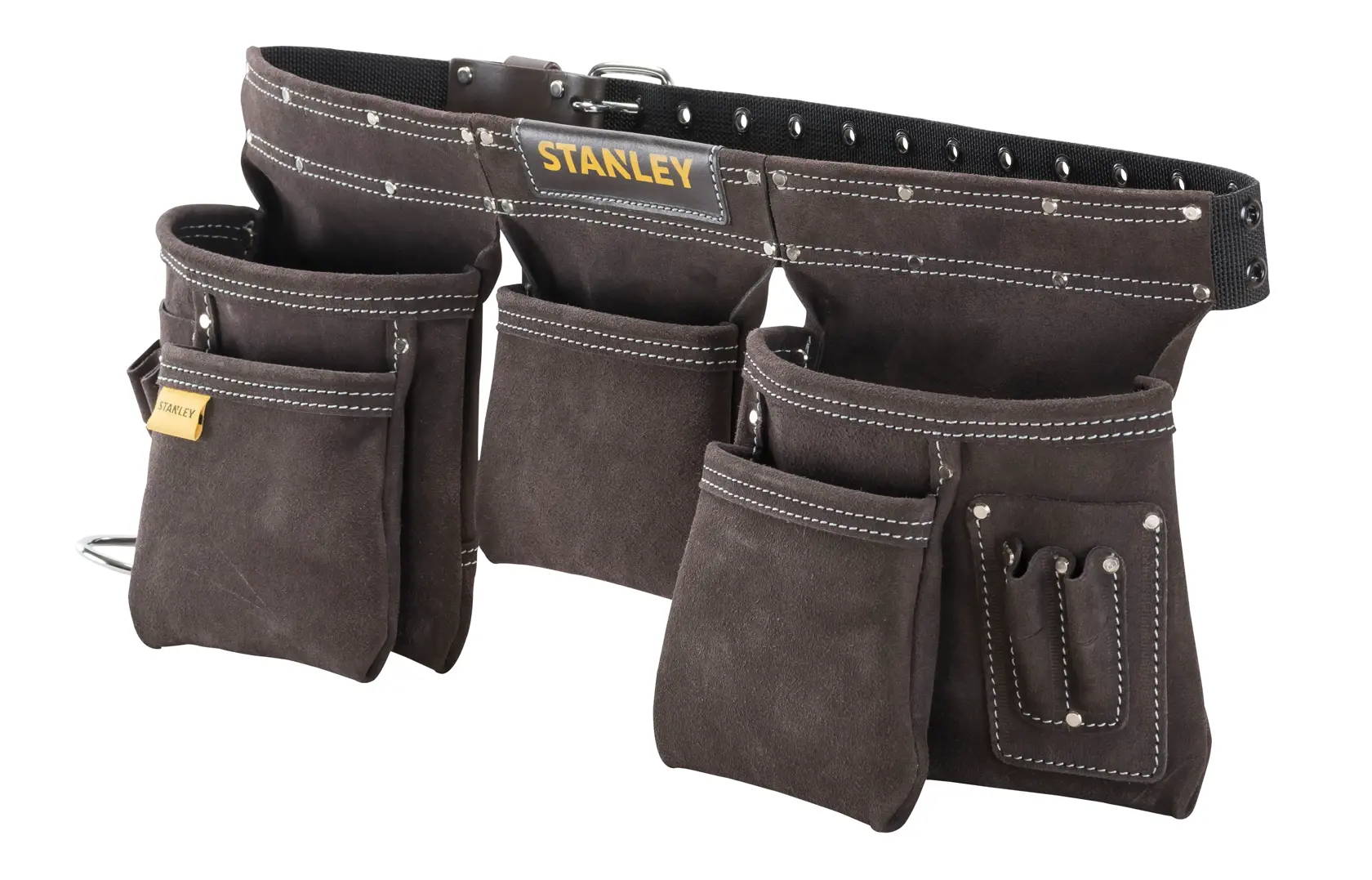 STANLEY STST1-80113 cintura portautensili con più tasche in pelle scamosciata marrone e cuciture bianche, angolata su sfondo bianco.