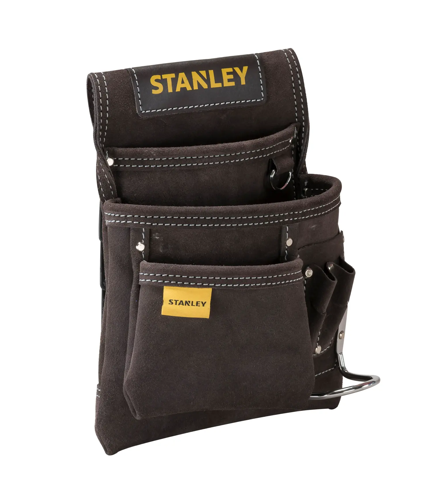 STANLEY STST1-80114 borsa portautensili, pelle scamosciata nera, tasche multiple, vista frontale su sfondo bianco.