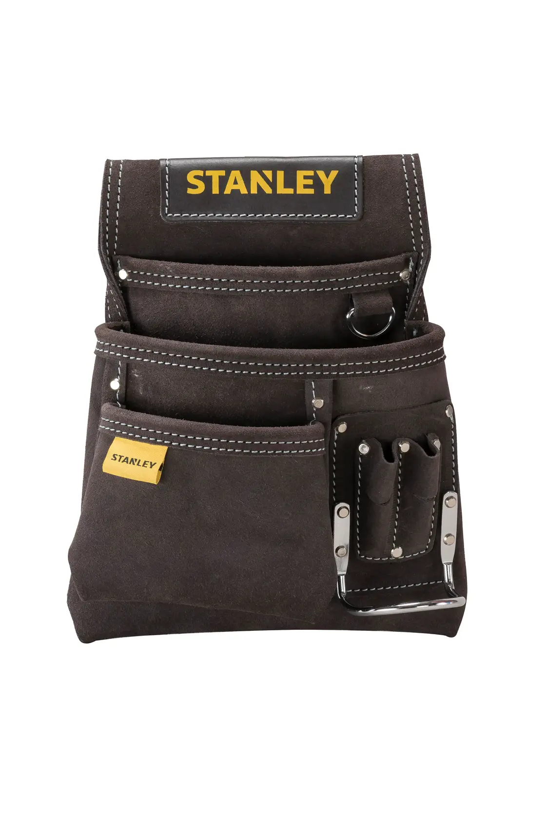 STANLEY STST1-80114 borsa porta attrezzi in pelle, marrone scuro, tasche multiple, vista frontale, fotografia