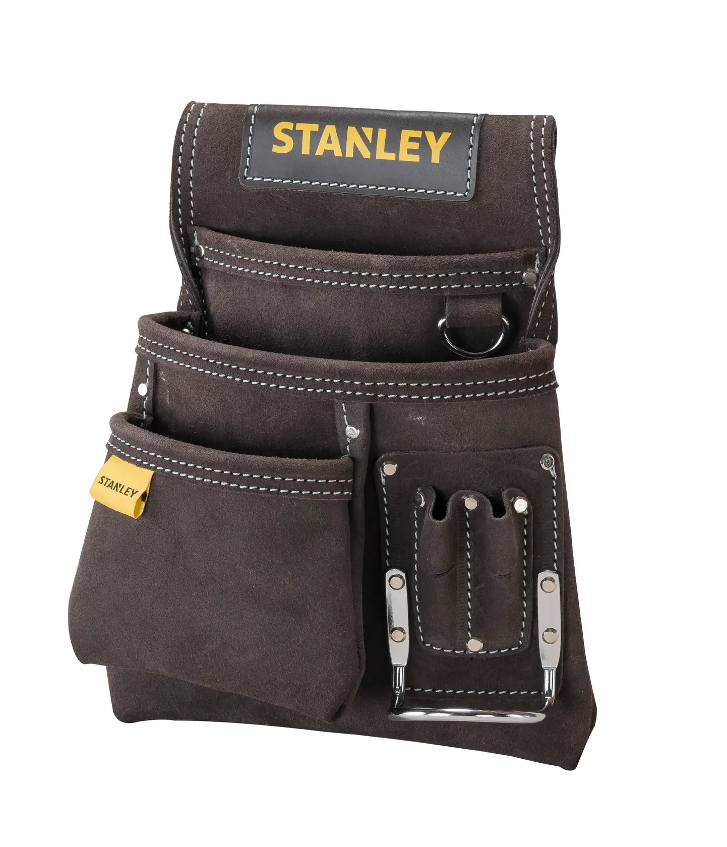 STANLEY STST1-80114 borsa portautensili in camoscio marrone con più tasche, cuciture bianche e supporto in metallo, vista frontale.