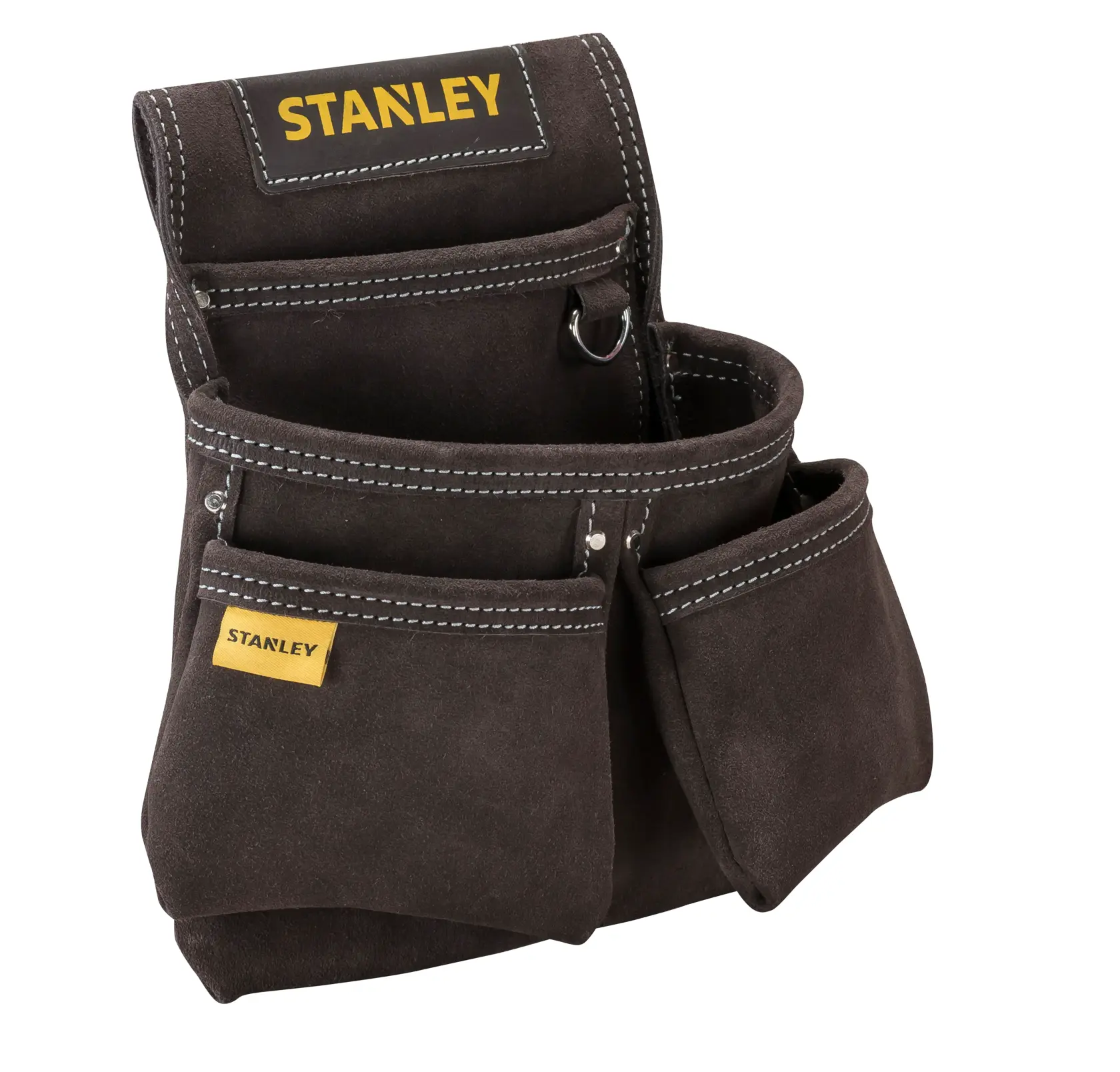 STANLEY STST1-80116 borsa porta attrezzi in camoscio marrone con multi tasche, foto frontale su sfondo bianco.