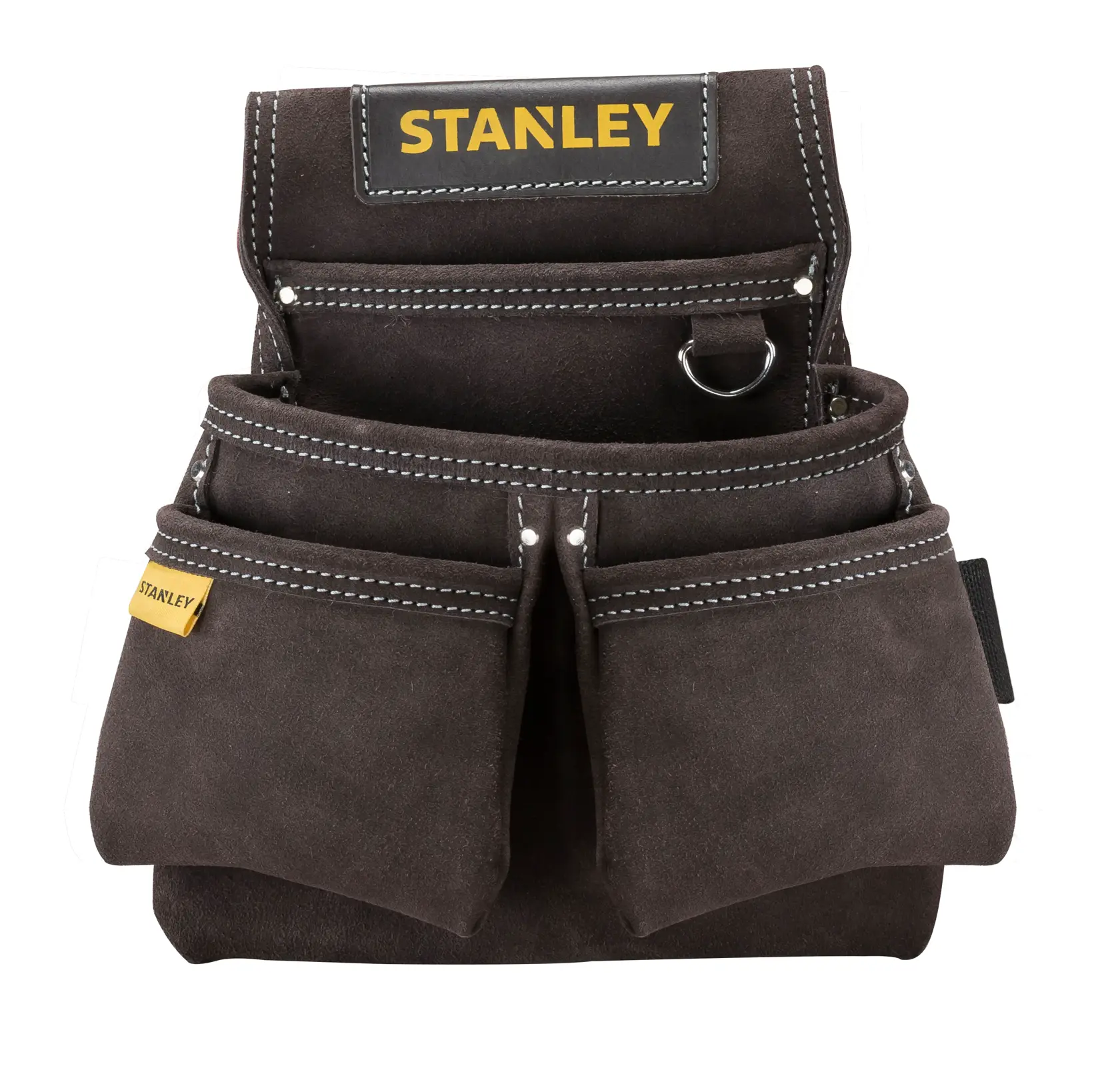 STANLEY STST1-80116 borsa porta attrezzi in suede marrone, vista frontale, sfondo bianco.