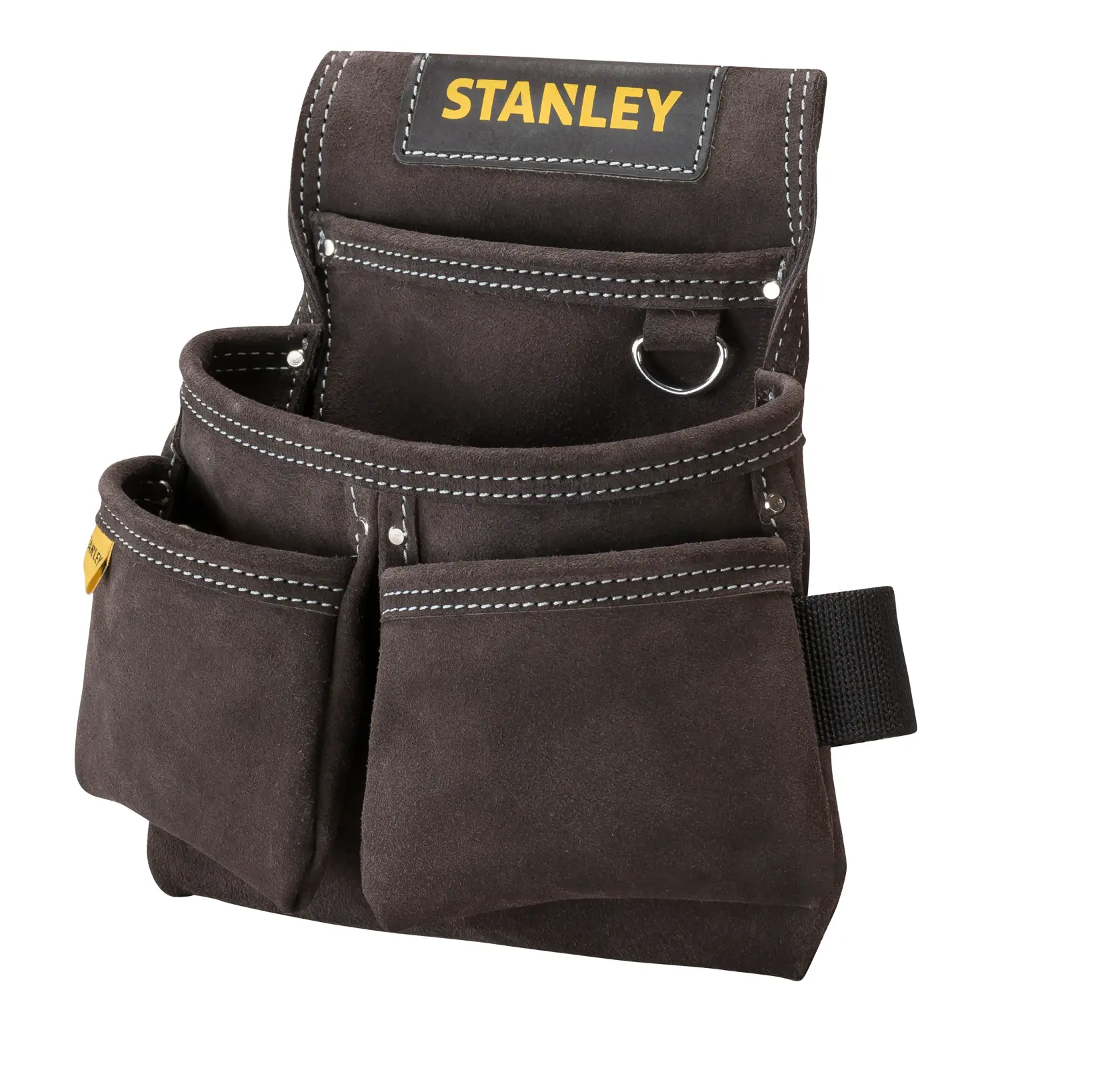 Foto di STANLEY STST1-80116 borsa porta attrezzi in suede marrone con più tasche, sfondo bianco frontale.