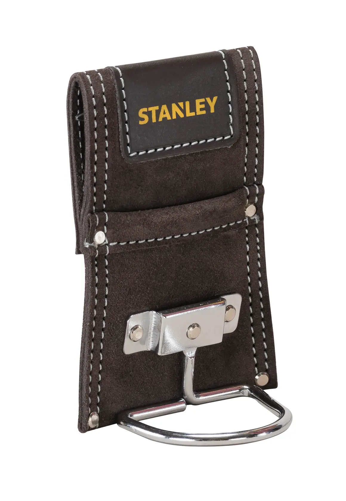 STANLEY STST1-80117 porta martello in pelle marrone, staffa metallica argentata, foto frontale.