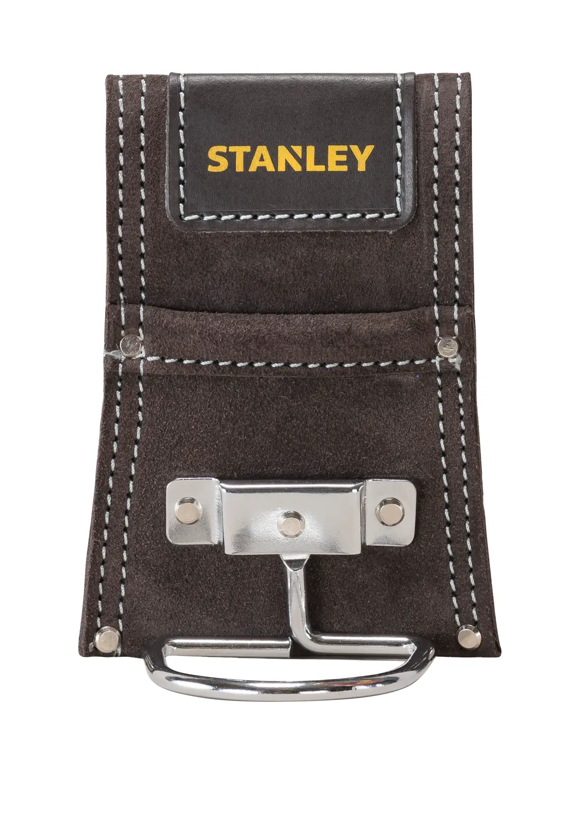 STANLEY STST1-80117 portamartello in camoscio con anello metallico, nero con cuciture bianche, vista frontale.