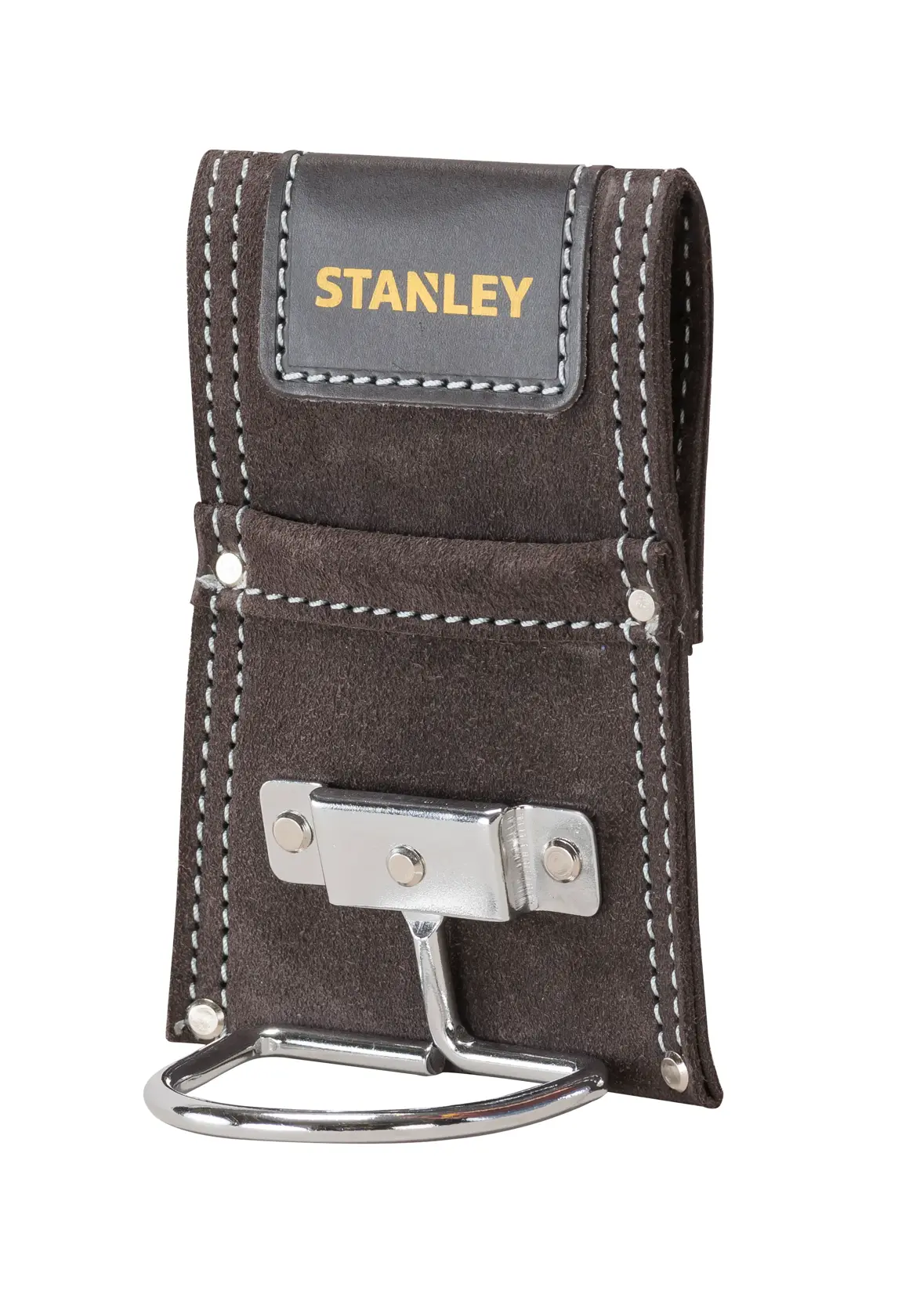 STANLEY STST1-80117 portamartello in camoscio con anello metallico, nero con cuciture bianche, vista frontale.