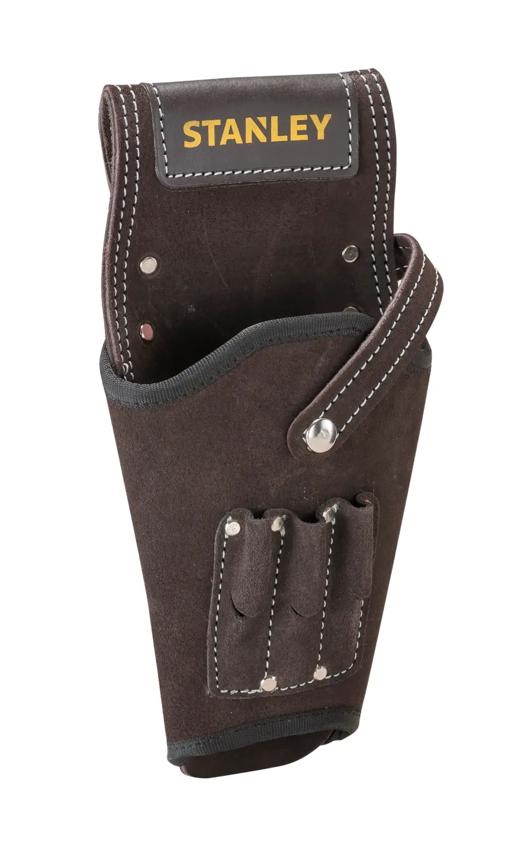 STANLEY STST1-80118 fondina portautensili in pelle con più tasche, vista frontale angolata su sfondo bianco.