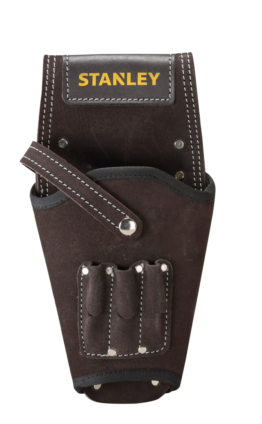 STANLEY STST1-80118 fondina porta attrezzi in pelle marrone con cuciture bianche, vista frontale su sfondo bianco.