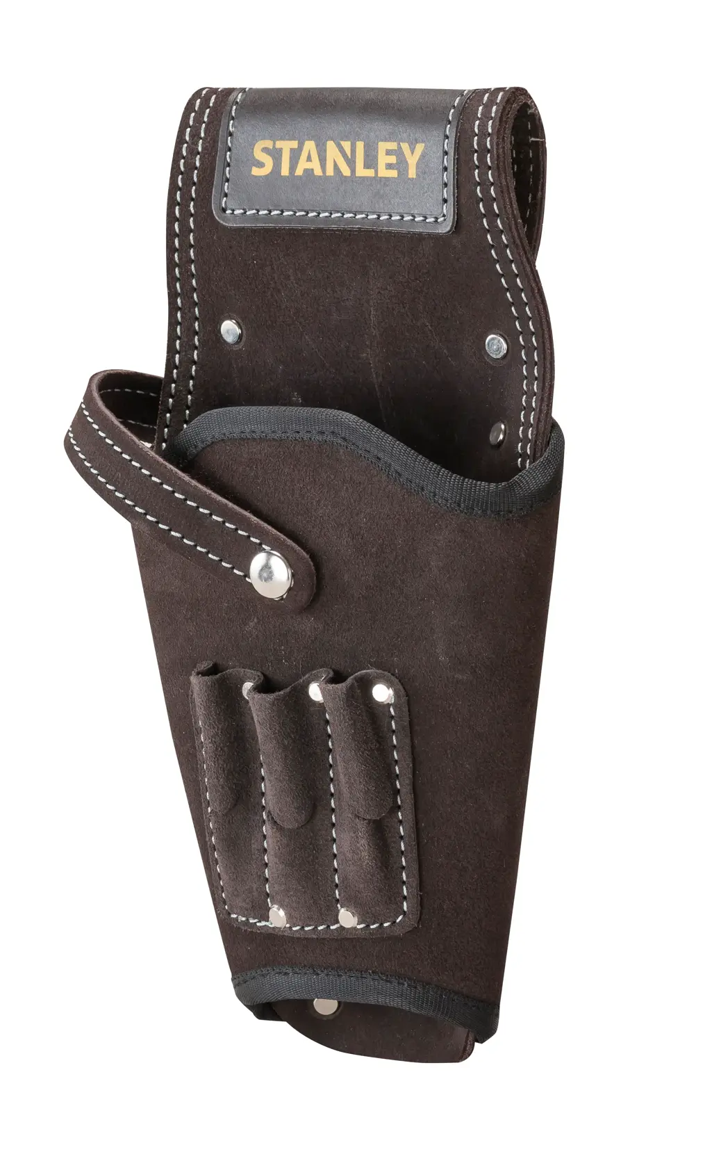 STANLEY STST1-80118 fondina portautensili in suede nero, vista frontale su sfondo bianco.