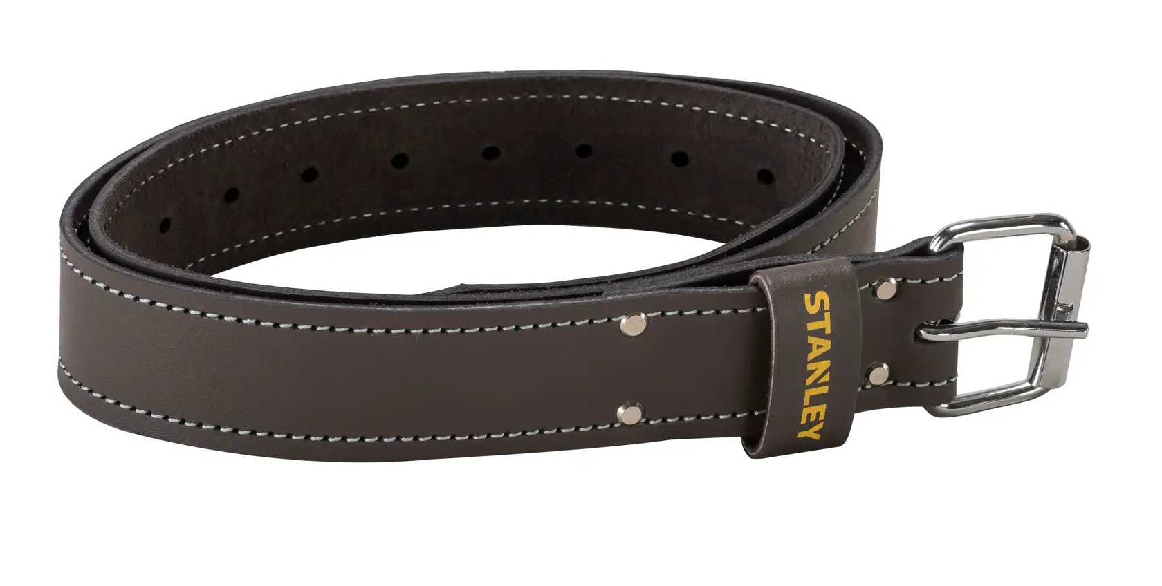 STANLEY STST1-80119 cintura da lavoro in pelle marrone con fibbia in metallo, vista frontale su sfondo bianco.