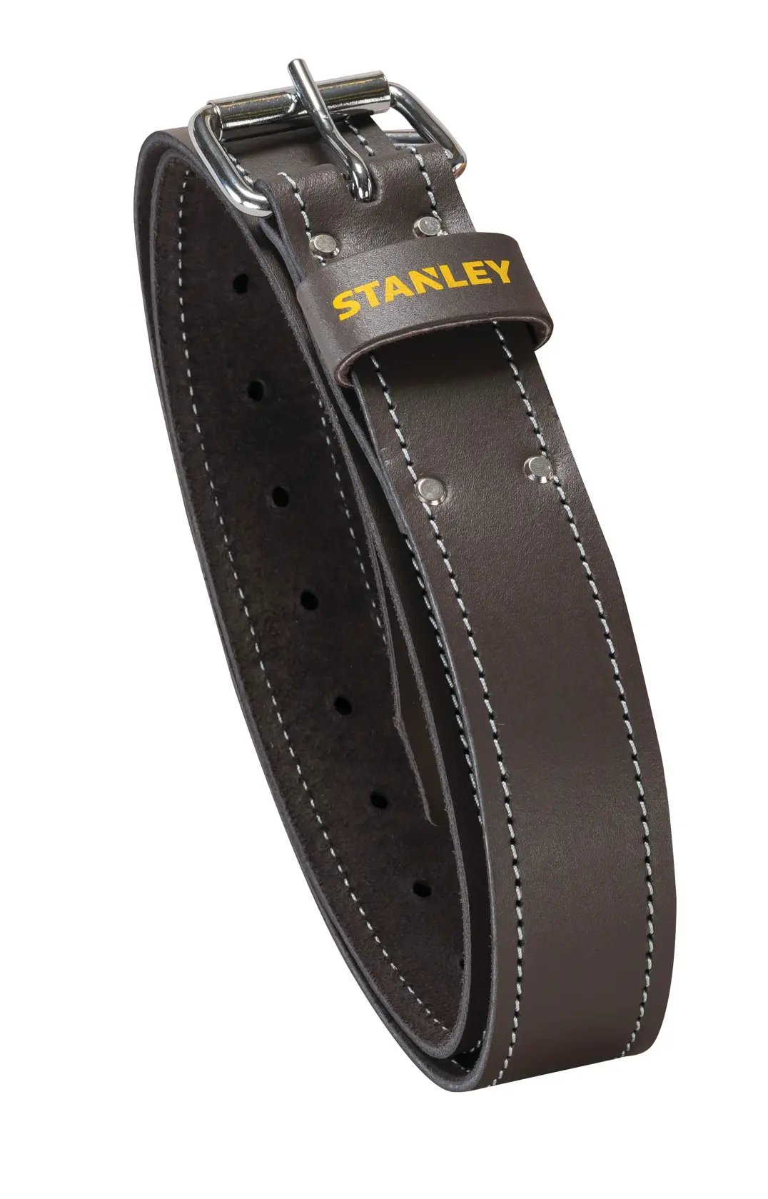 STANLEY STST1-80119 cintura in pelle marrone con fibbia argentata, foto del prodotto su sfondo bianco.
