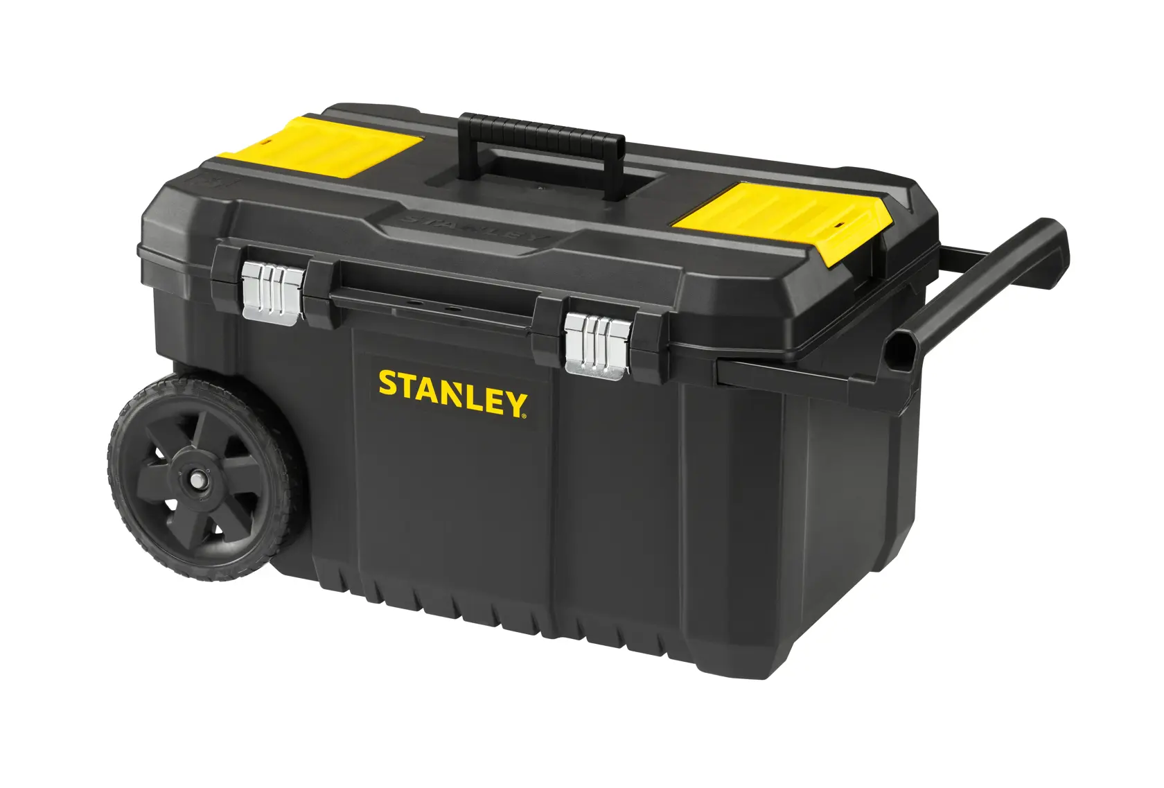 STANLEY STST1-80150 cassetta porta attrezzi nera con comparti gialli, manico laterale e ruote, vista frontale.