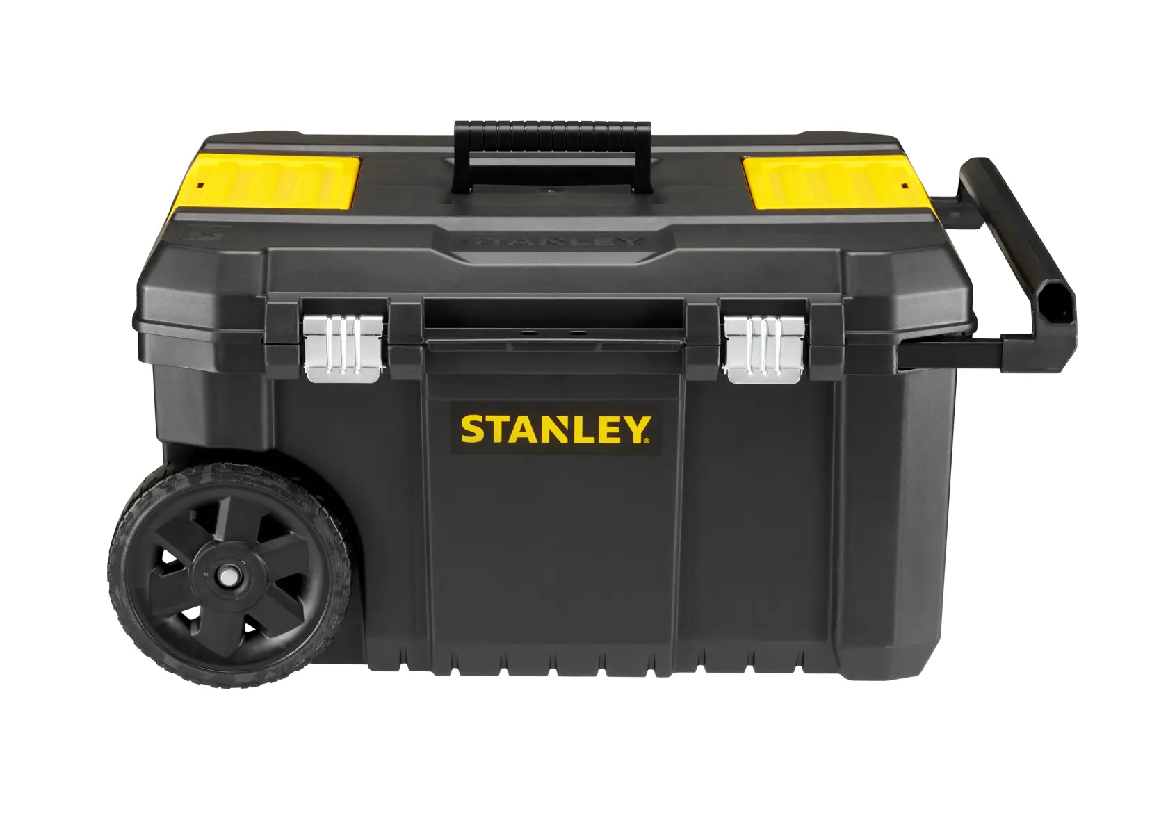 STANLEY STST1-80150 cassetta degli attrezzi nera con ruote e dettagli gialli, vista frontale su sfondo bianco.