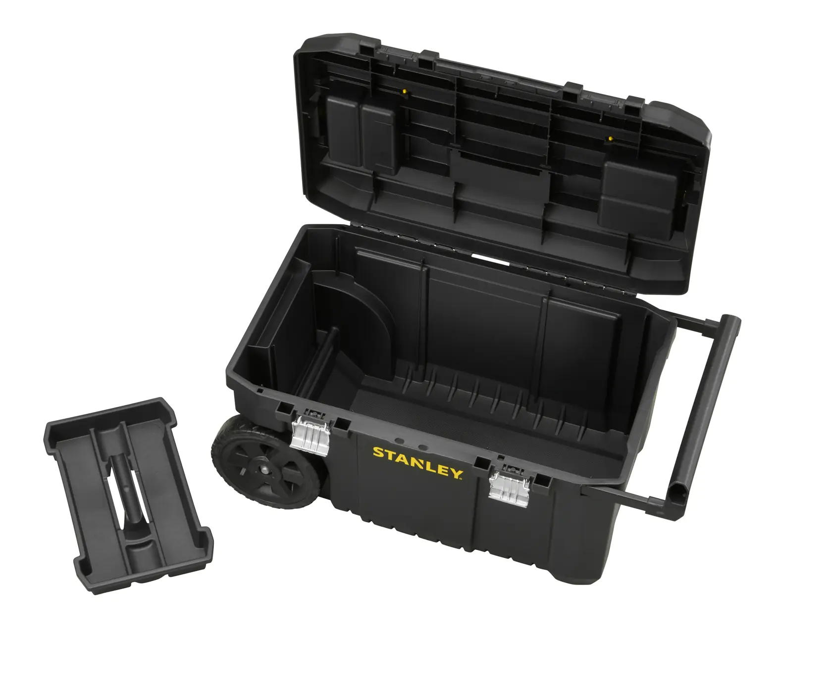 STANLEY STST1-80150 cassetta degli attrezzi nera con ruote, coperchio aperto, vassoio removibile e chiusure in metallo, vista frontale.