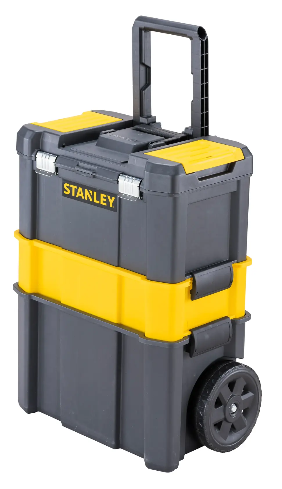 Stanley STST1-80151 cassetta portautensili nera e gialla con ruote, vista frontale su sfondo bianco.