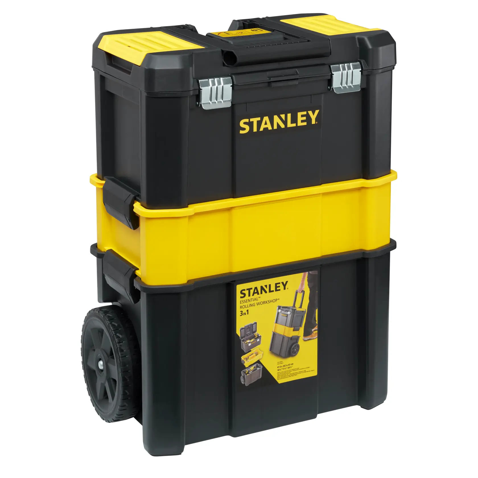 STANLEY STST1-80151 officina mobile nera e gialla con maniglia e grandi ruote, vista frontale su sfondo bianco.