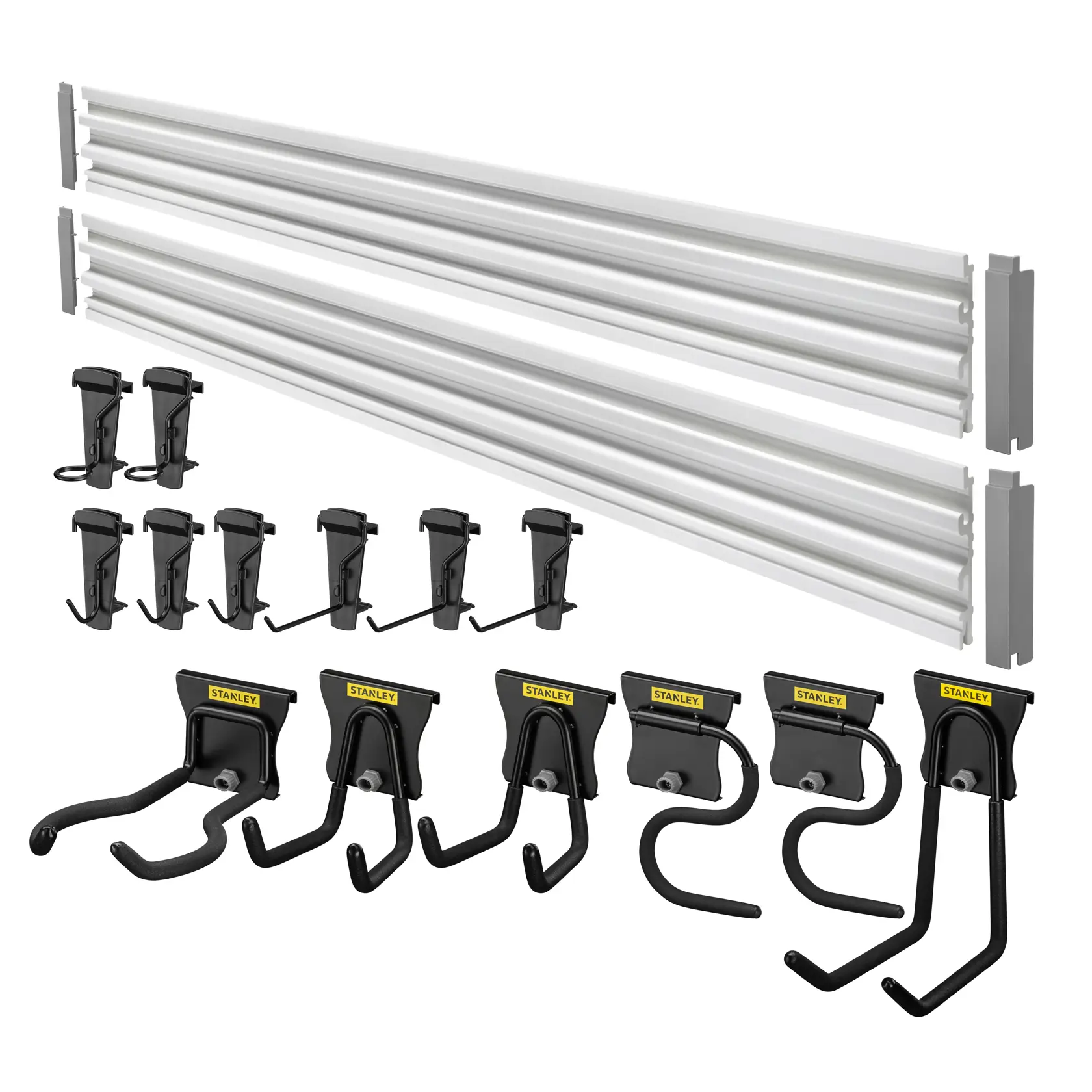 STANLEY STST22000-1 sistema di binari da parete con binari argentati e ganci multipli neri, vista frontale angolata.