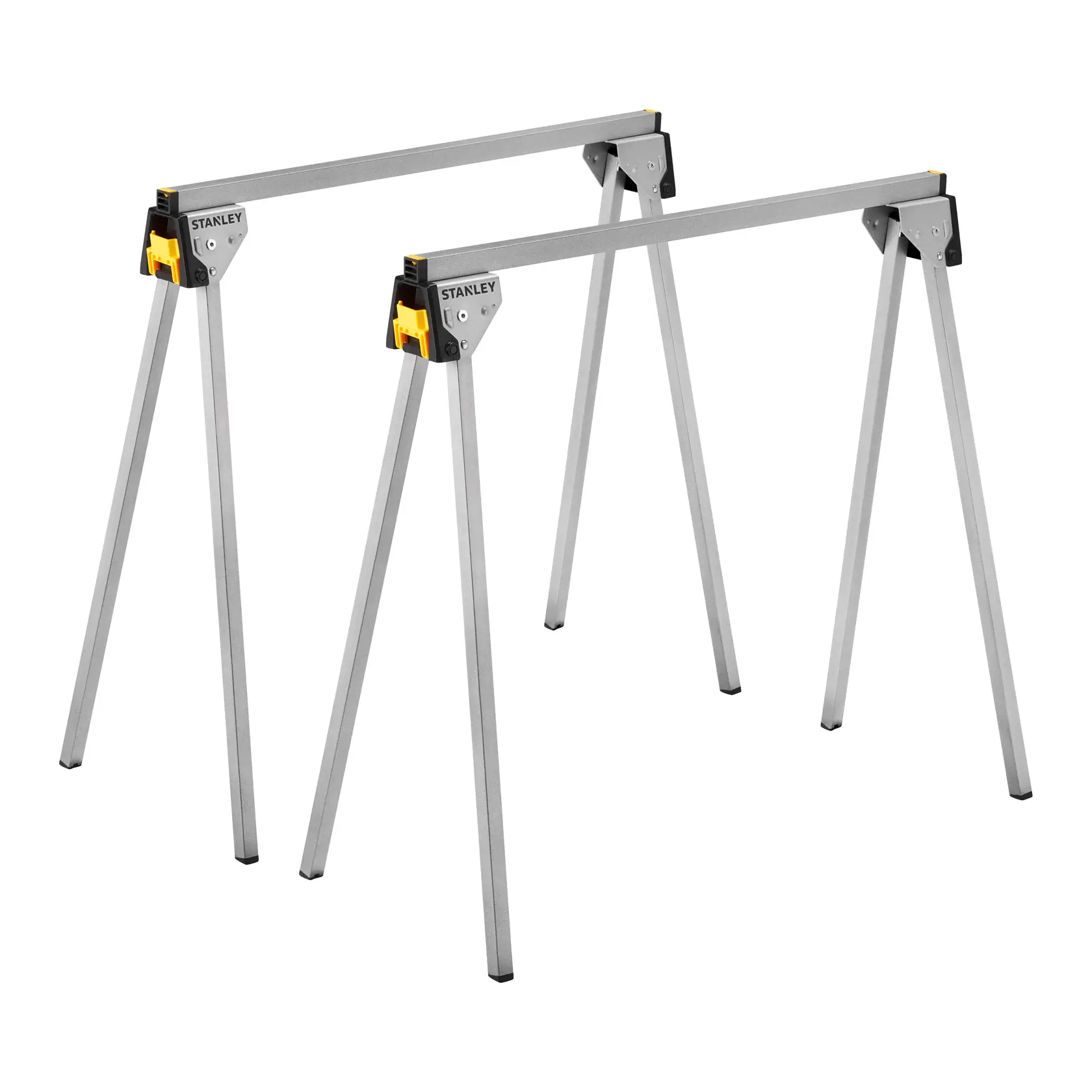 STANLEY STST81337-1 set cavalletti pieghevoli in metallo, argento con dettagli gialli, vista angolare su sfondo bianco.
