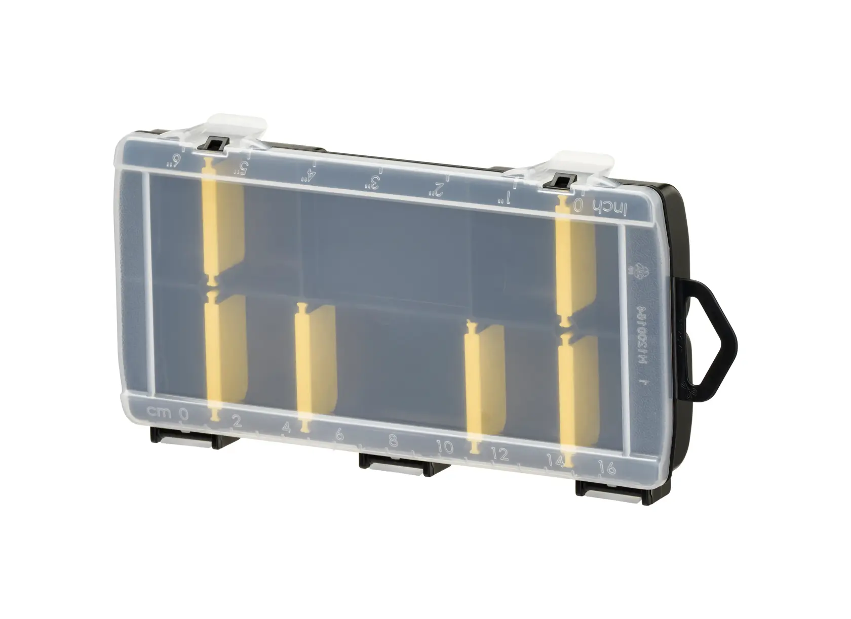 Box organizer STANLEY STST81679-1 con coperchio trasparente e divisori gialli, fotografia, vista angolata.