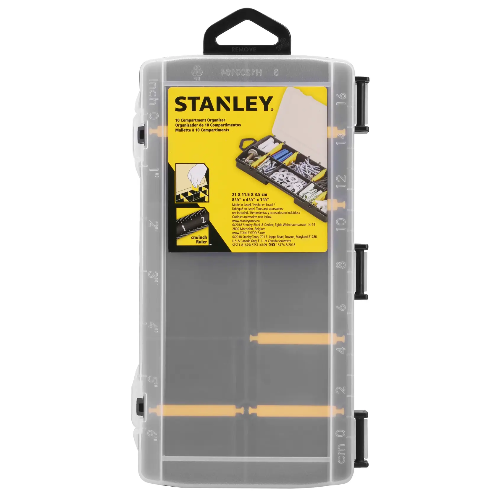 STANLEY STST81679-1 organizer a 10 scomparti, custodia in plastica trasparente, vista frontale, sfondo bianco.