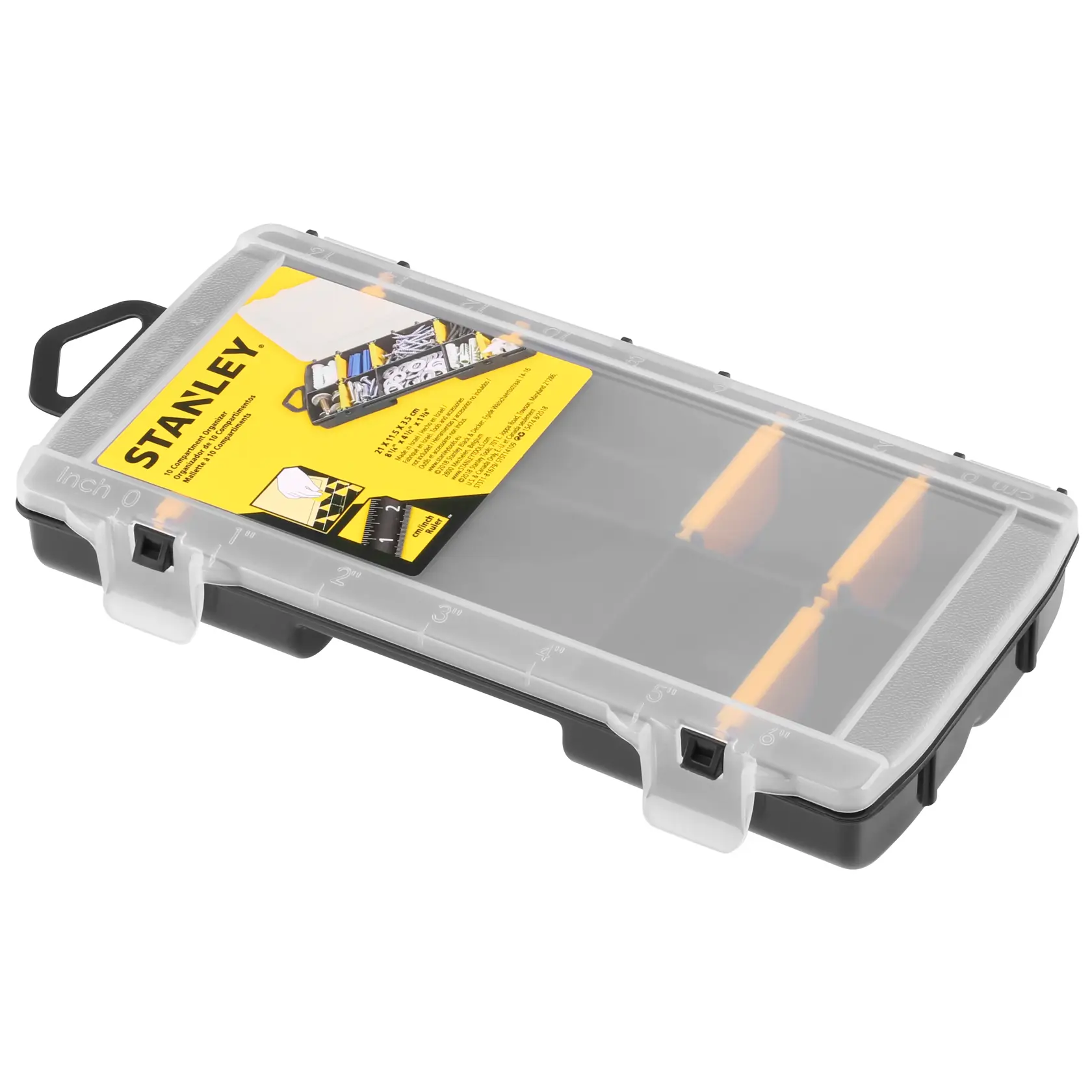 STANLEY STST81679-1 organizer per minuteria con base nera, coperchio trasparente e divisori gialli, vista angolata.