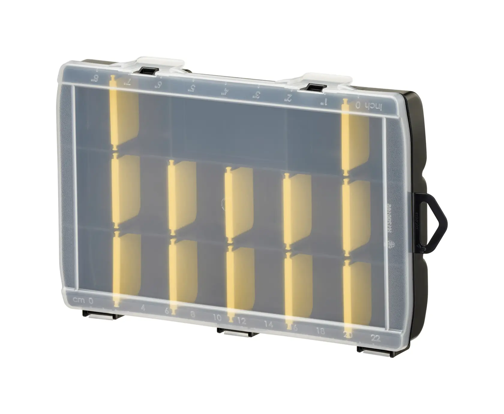 Organizer STANLEY STST81680-1 con coperchio trasparente, corpo nero e divisori gialli, fotografia frontale.