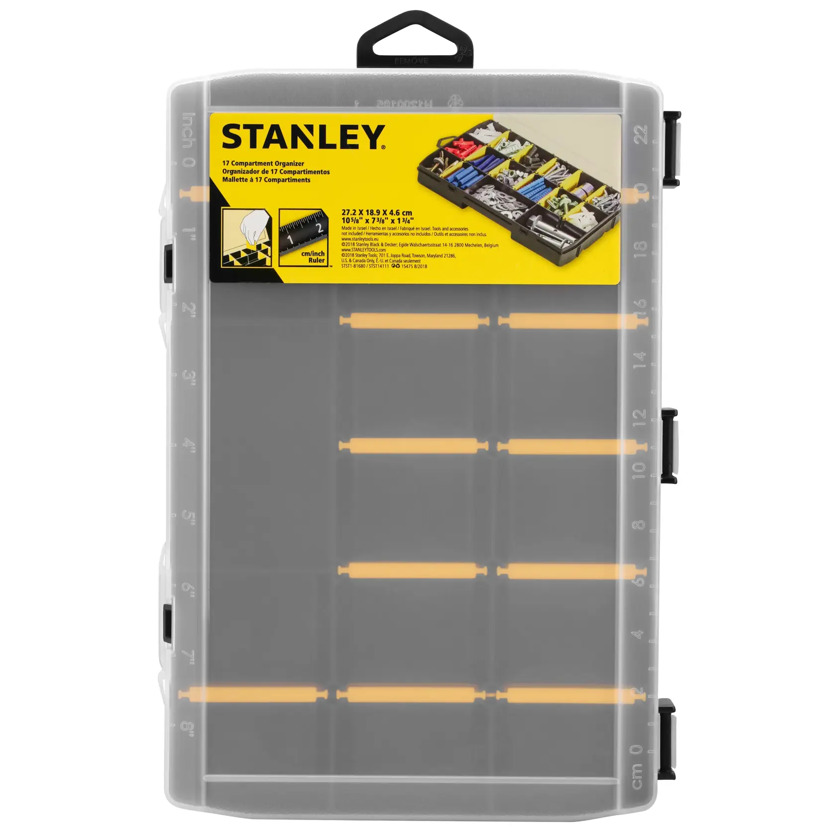 STANLEY STST81680-1 organizer a 17 scomparti, coperchio trasparente, nero e giallo, foto dall’alto.