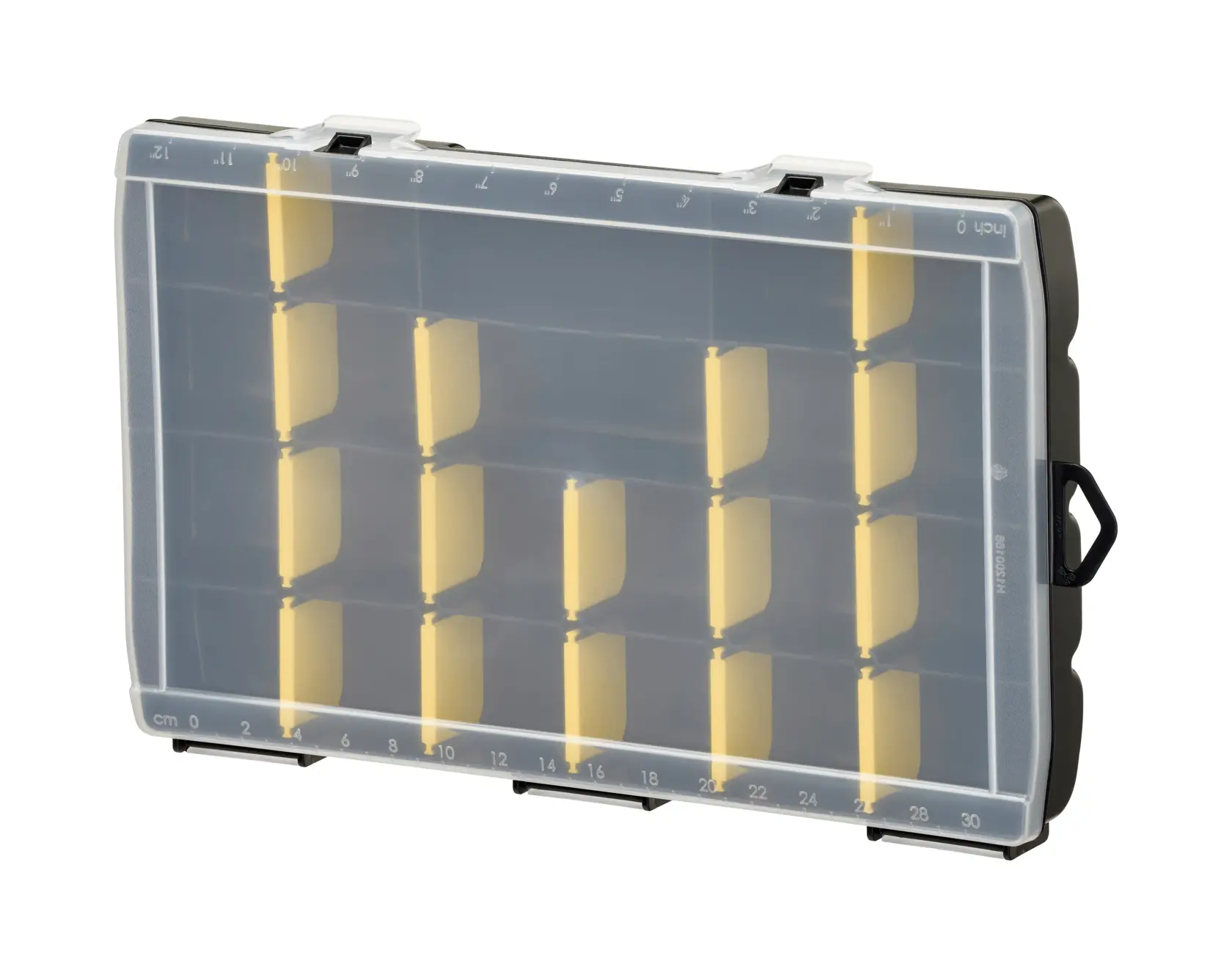 Organizer STANLEY STST81681-1 con coperchio trasparente e divisori gialli, vista frontale.