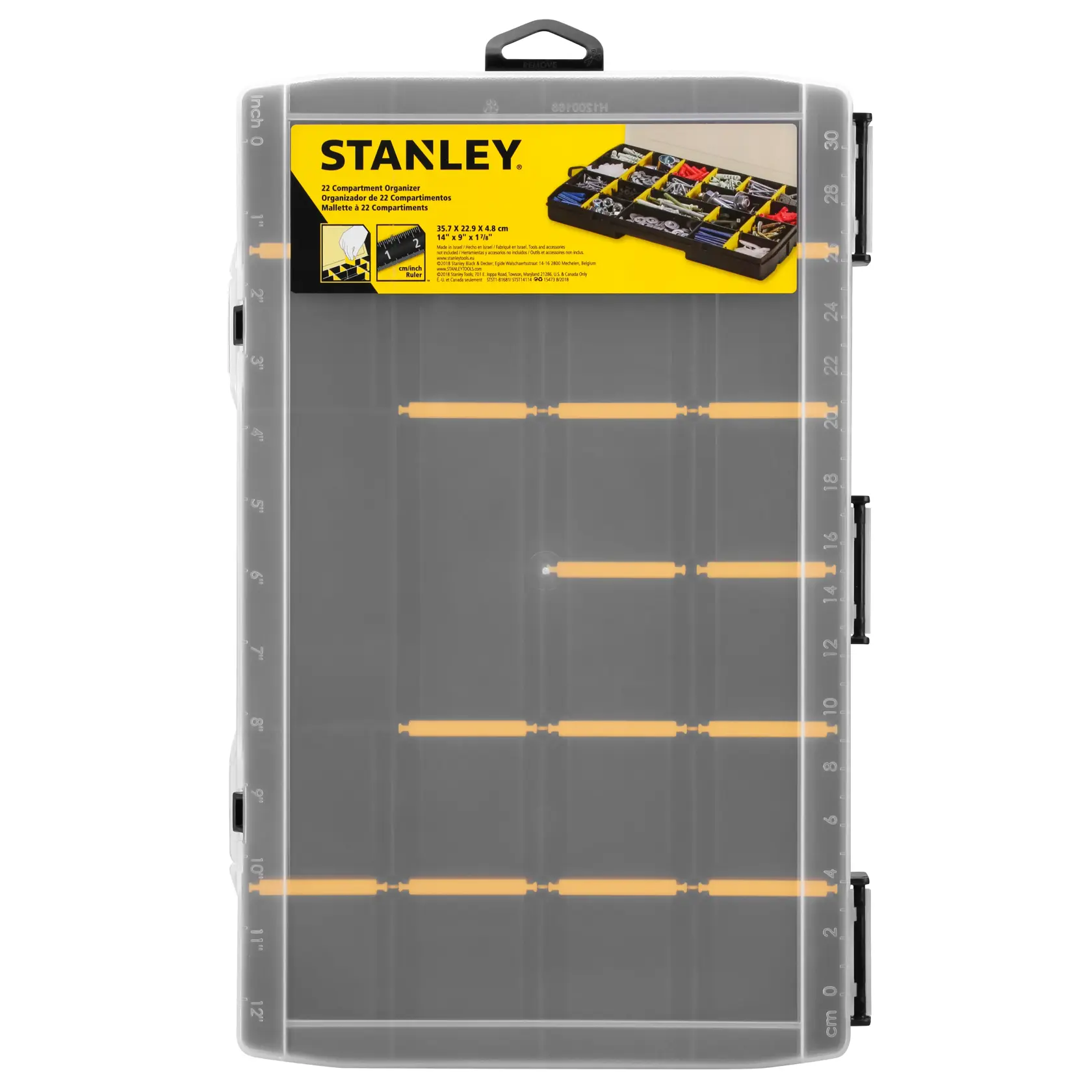 STANLEY STST81681-1 organizer in plastica con 22 scomparti, coperchio trasparente, vista dall'alto, porta attrezzi.