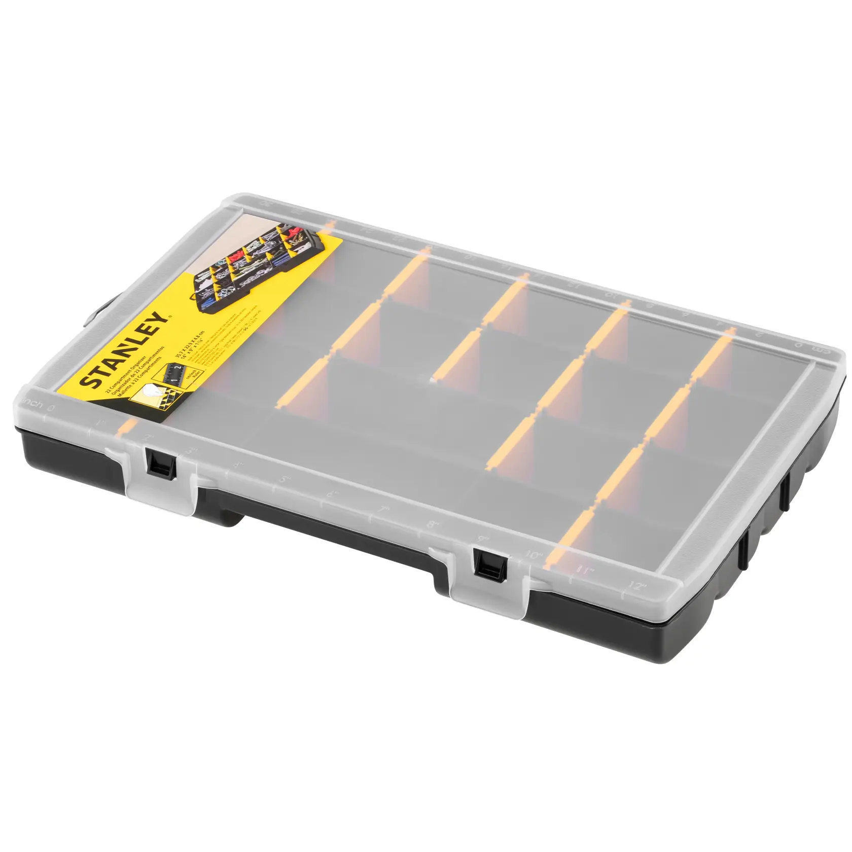 STANLEY STST81681-1 contenitore organizer nero con coperchio trasparente, divisori arancioni, foto angolata.