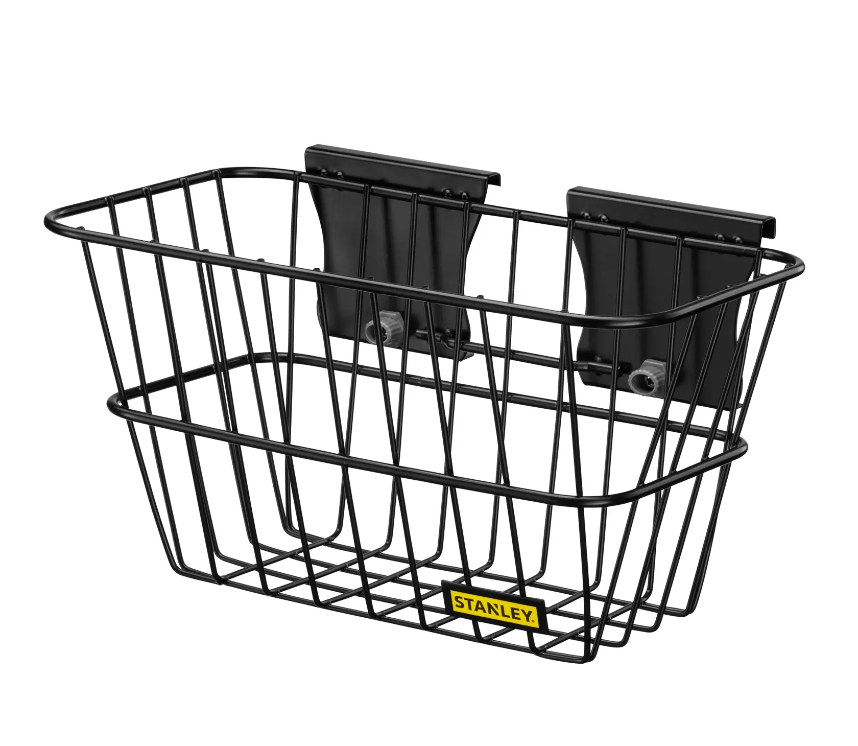 Stanley STST82603-1 cestino a filo metallico nero, vista frontale, accessorio per stoccaggio, logo giallo Stanley.