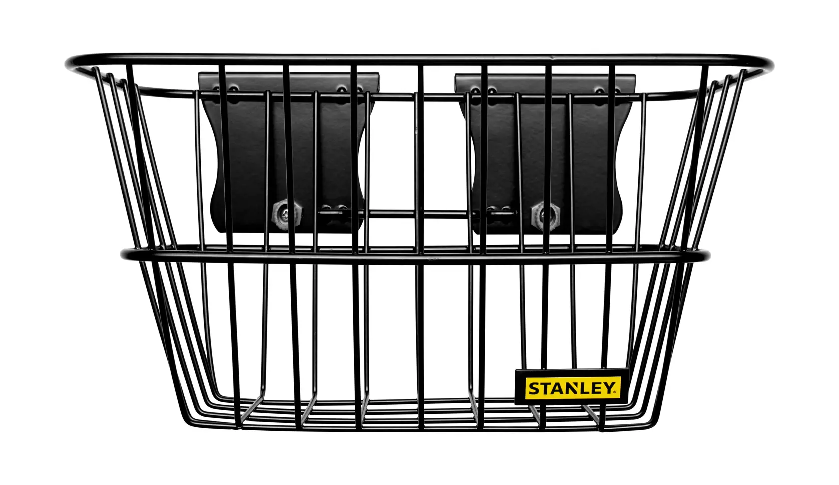 STANLEY STST82603-1 cestino da parete in filo nero, fotografia, vista frontale, logo giallo.