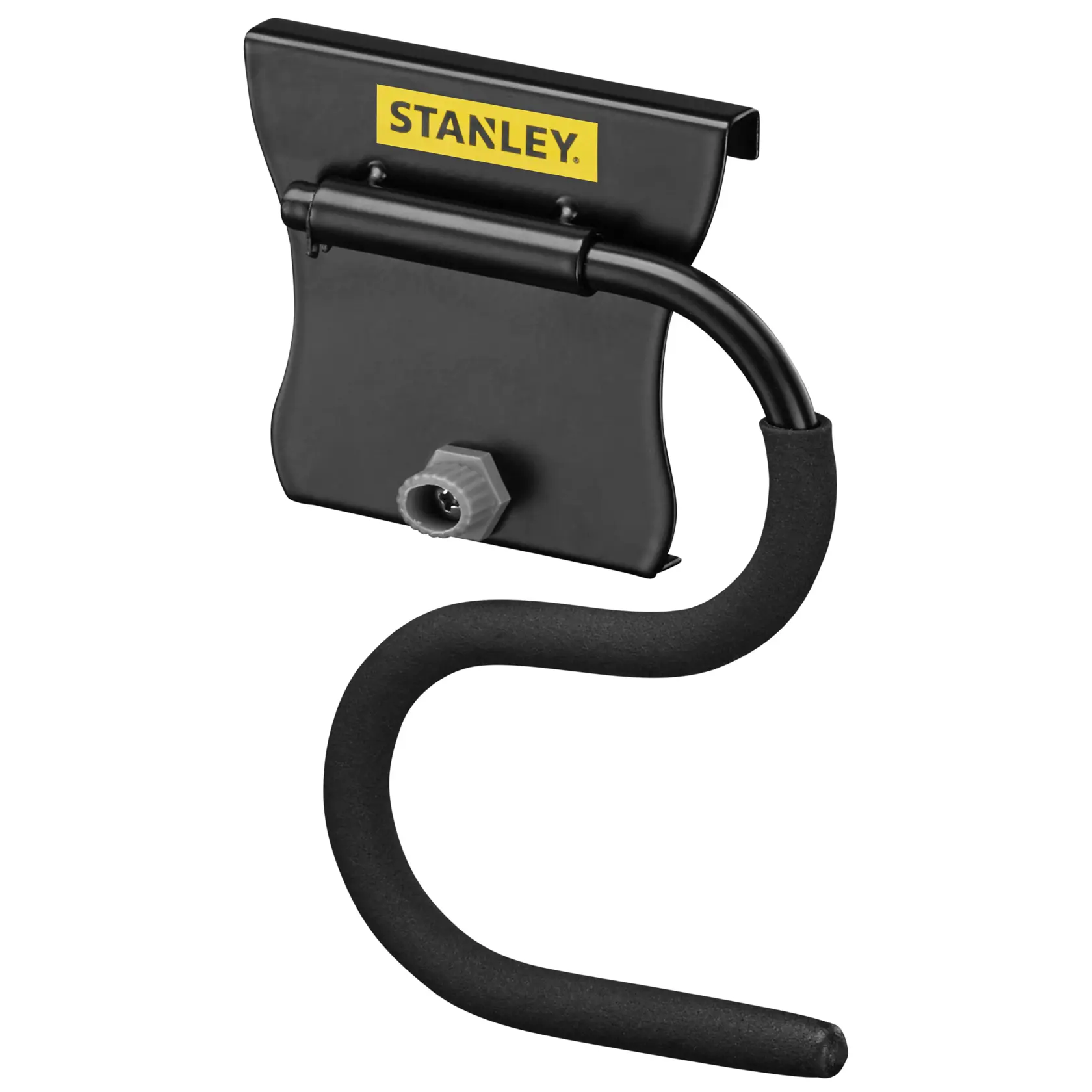 STANLEY STST82605-1 gancio da parete nero con imbottitura in schiuma, vista laterale su sfondo bianco.
