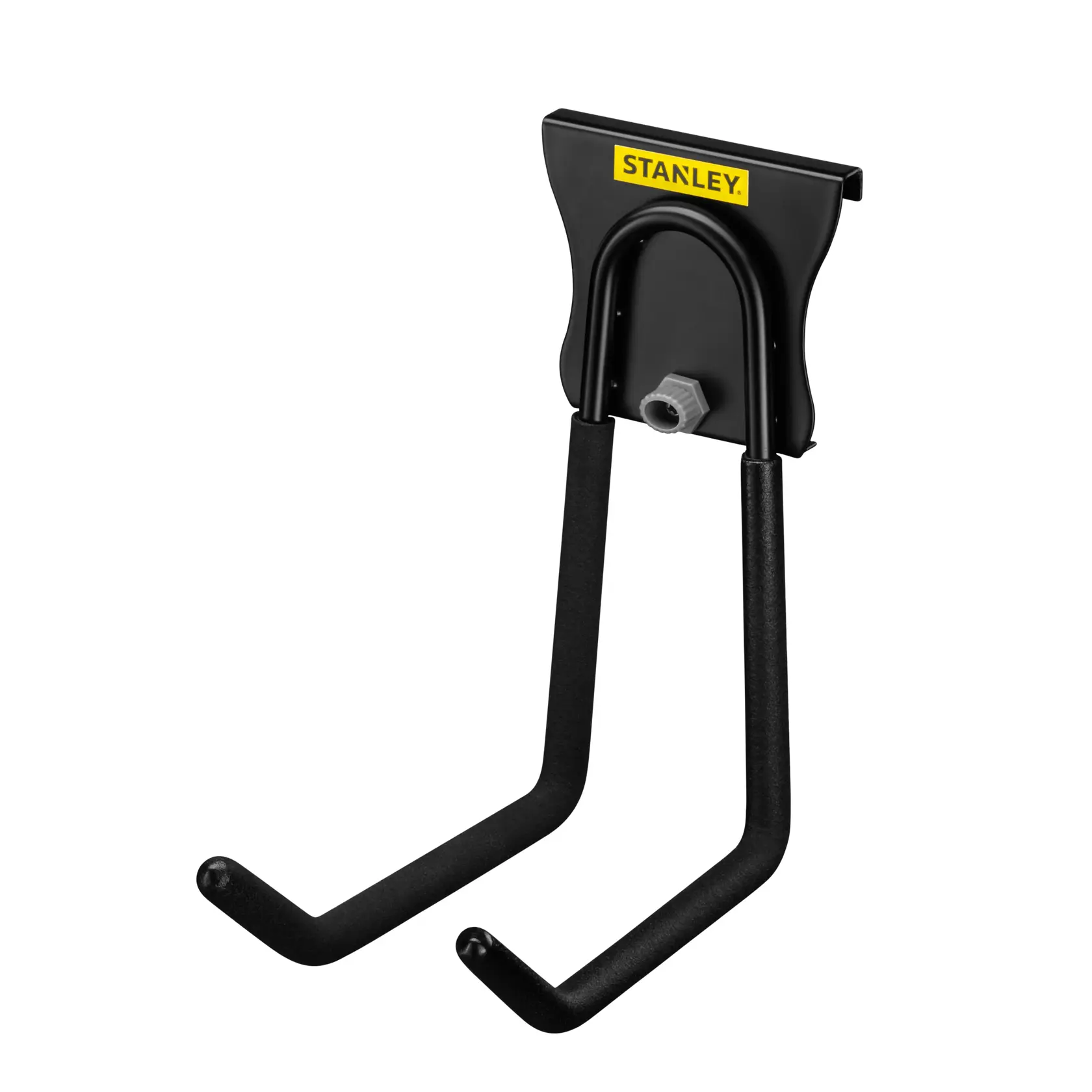 STANLEY STST82608-1 doppio gancio nero da parete, foto del prodotto dal lato frontale.