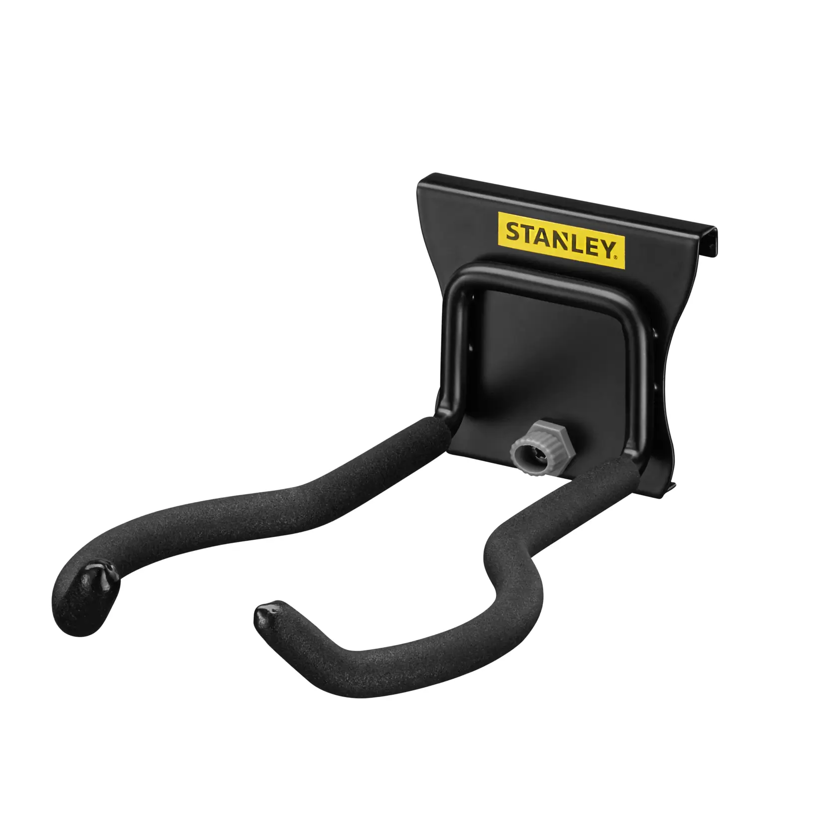 STANLEY STST82609-1 gancio doppio nero da parete, vista frontale, acciaio rivestito per deposito attrezzi.