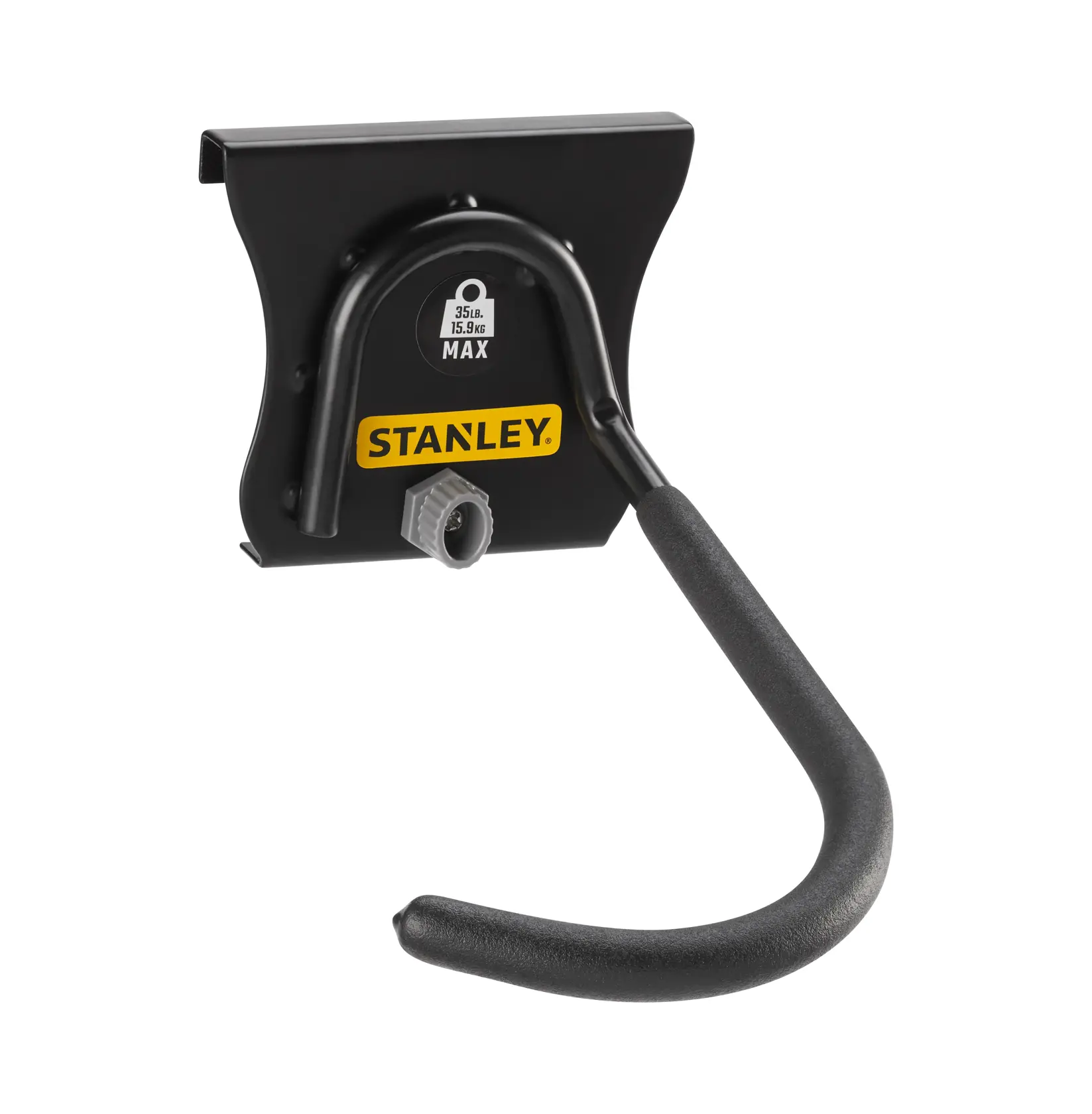 STANLEY STST82616-1 gancio nero per parete, vista laterale, logo giallo e impugnatura testurizzata.