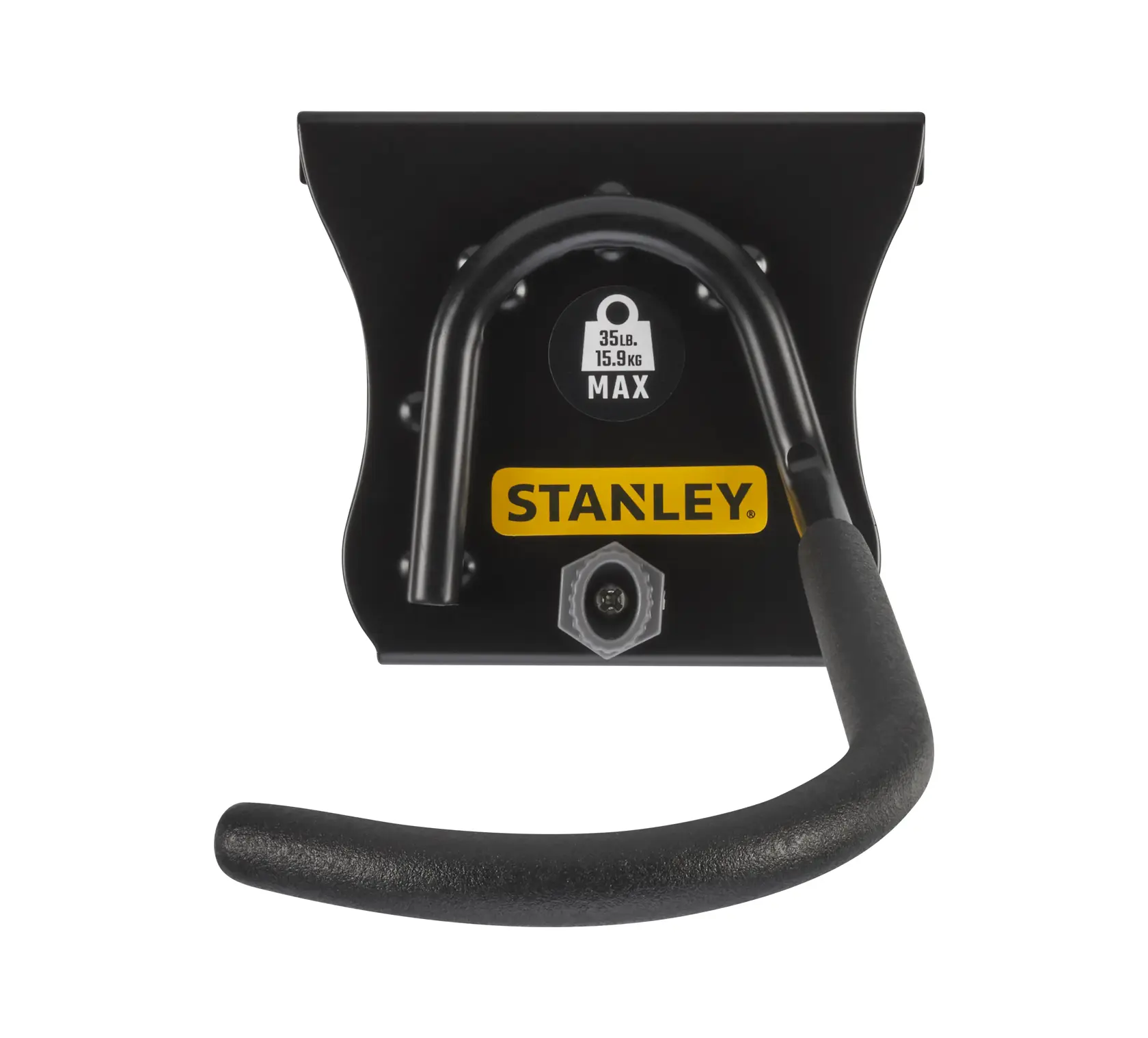 Fotografia del gancio da parete in acciaio nero STANLEY STST82616-1, vista frontale su sfondo bianco.