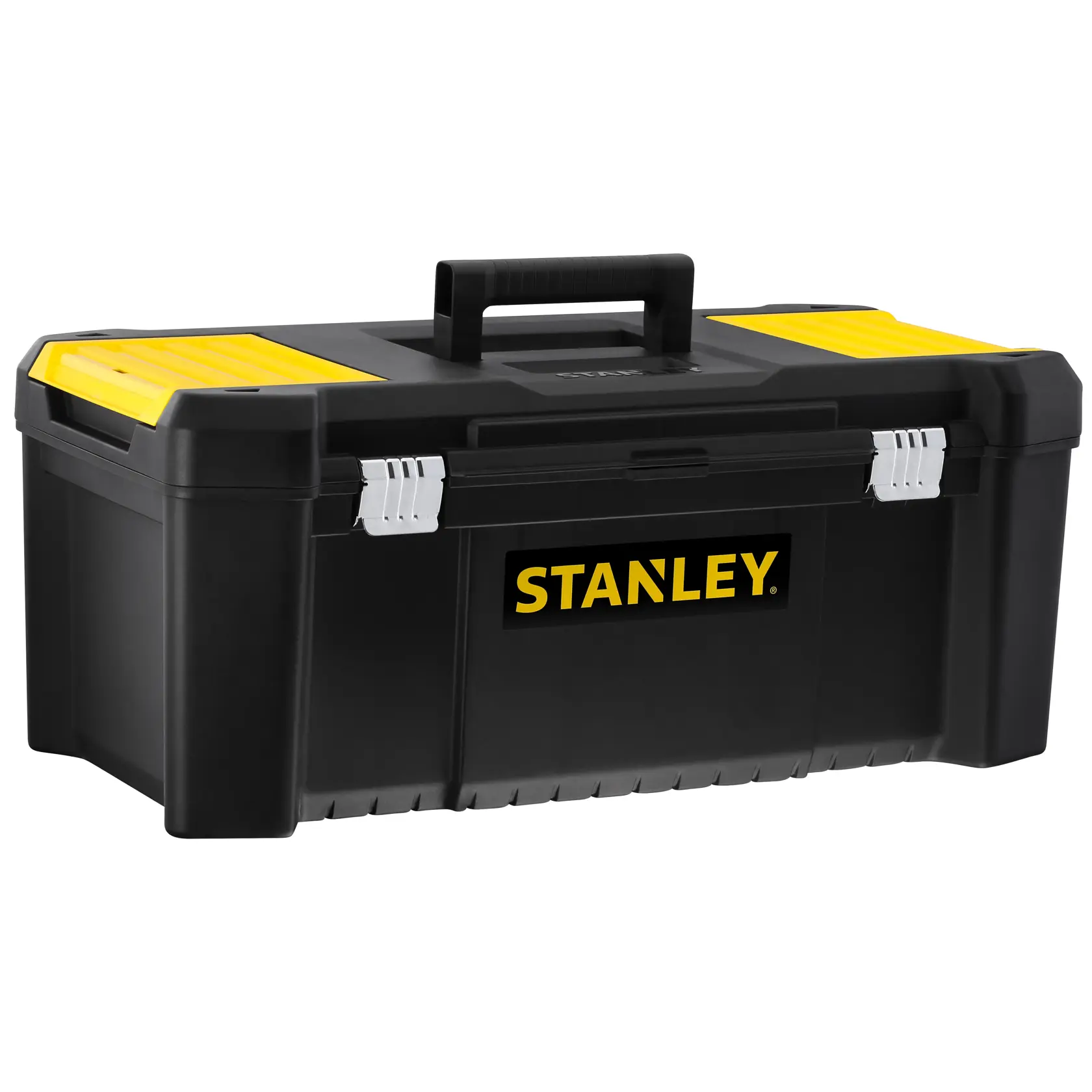 STANLEY STST82976-1 cassetta degli attrezzi nera e gialla, angolo frontale, plastica robusta con manico e chiusure.