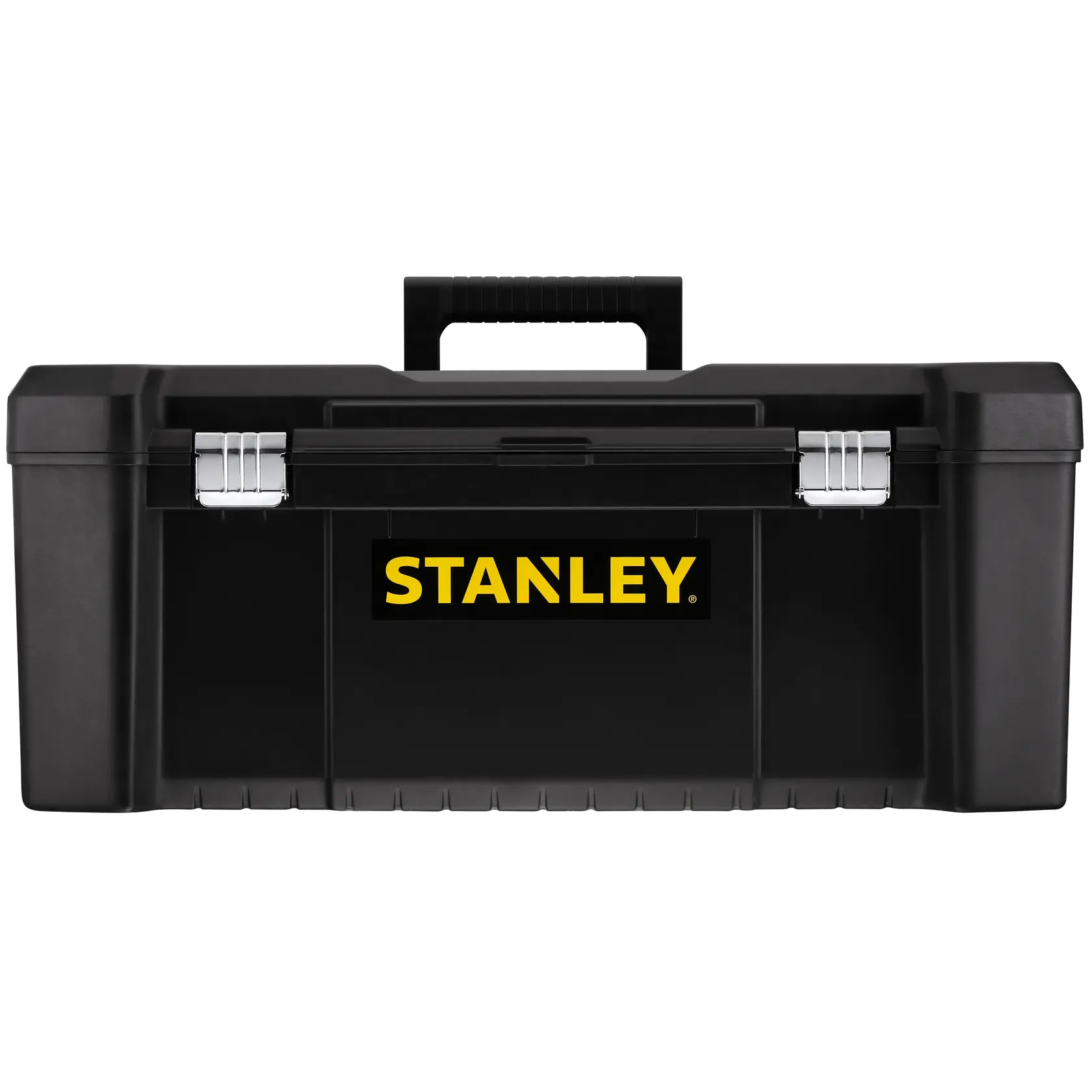 STANLEY STST82976-1 cassetta degli attrezzi nera con manico, vista frontale, fotografia su sfondo bianco.