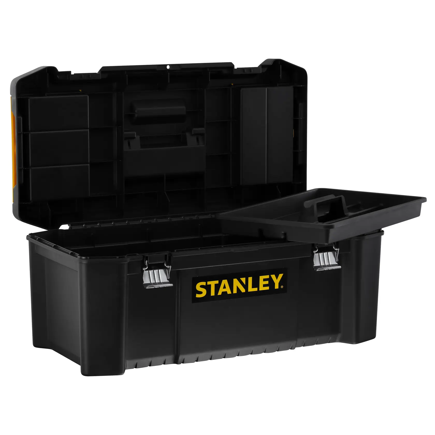 STANLEY STST82976-1 cassetta portautensili nera in plastica con coperchio aperto, vaschetta rimovibile e chiusure argentate, vista frontale.