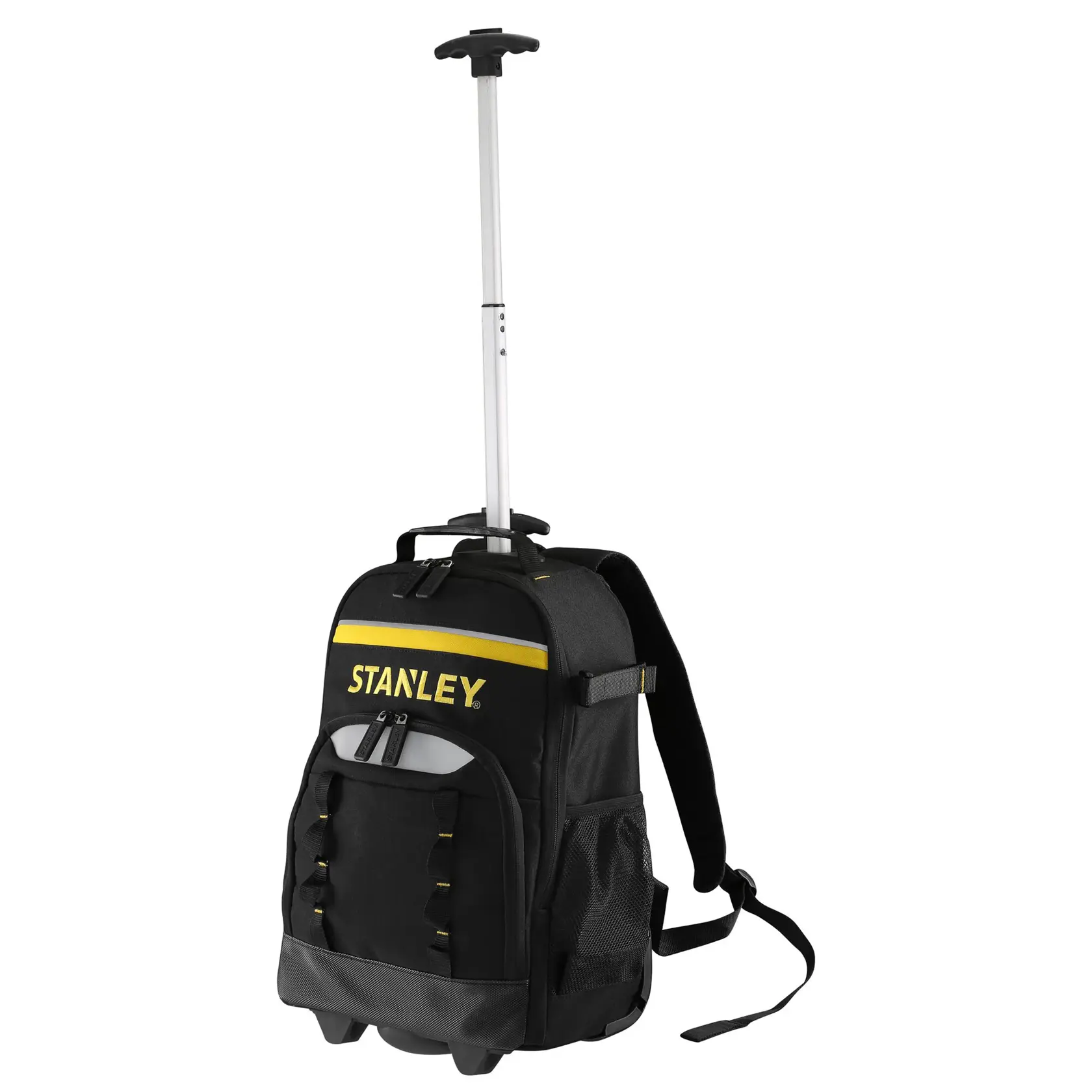 STANLEY STST83307-1 zaino nero con ruote e manico telescopico, tasche frontali e laterali, angolo studio.